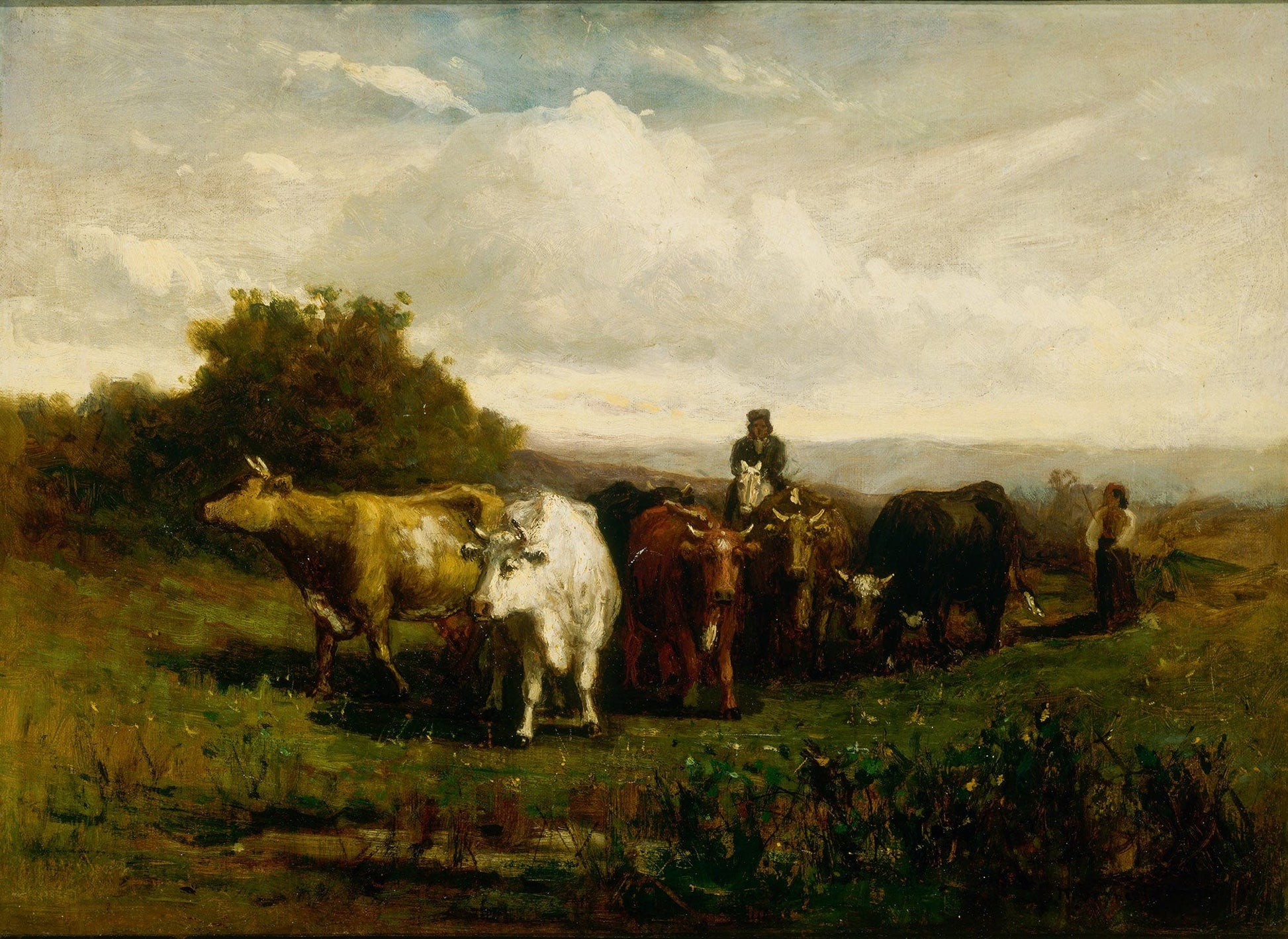 Untitled Man On Horseback Woman On Foot Driving Cattle by Edward Mitchell Bannister