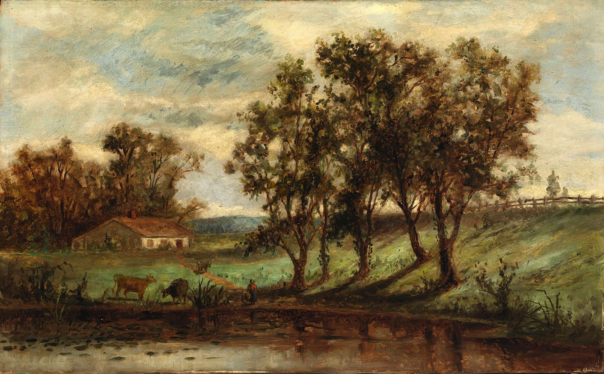 Untitled Man With Cows Grazing Near Pond With House And Trees In Background by Edward Mitchell Bannister