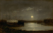 Untitled Moon Over A Harbor Wharf Scene With Full Moon And Masts Of Boats by Edward Mitchell Bannister