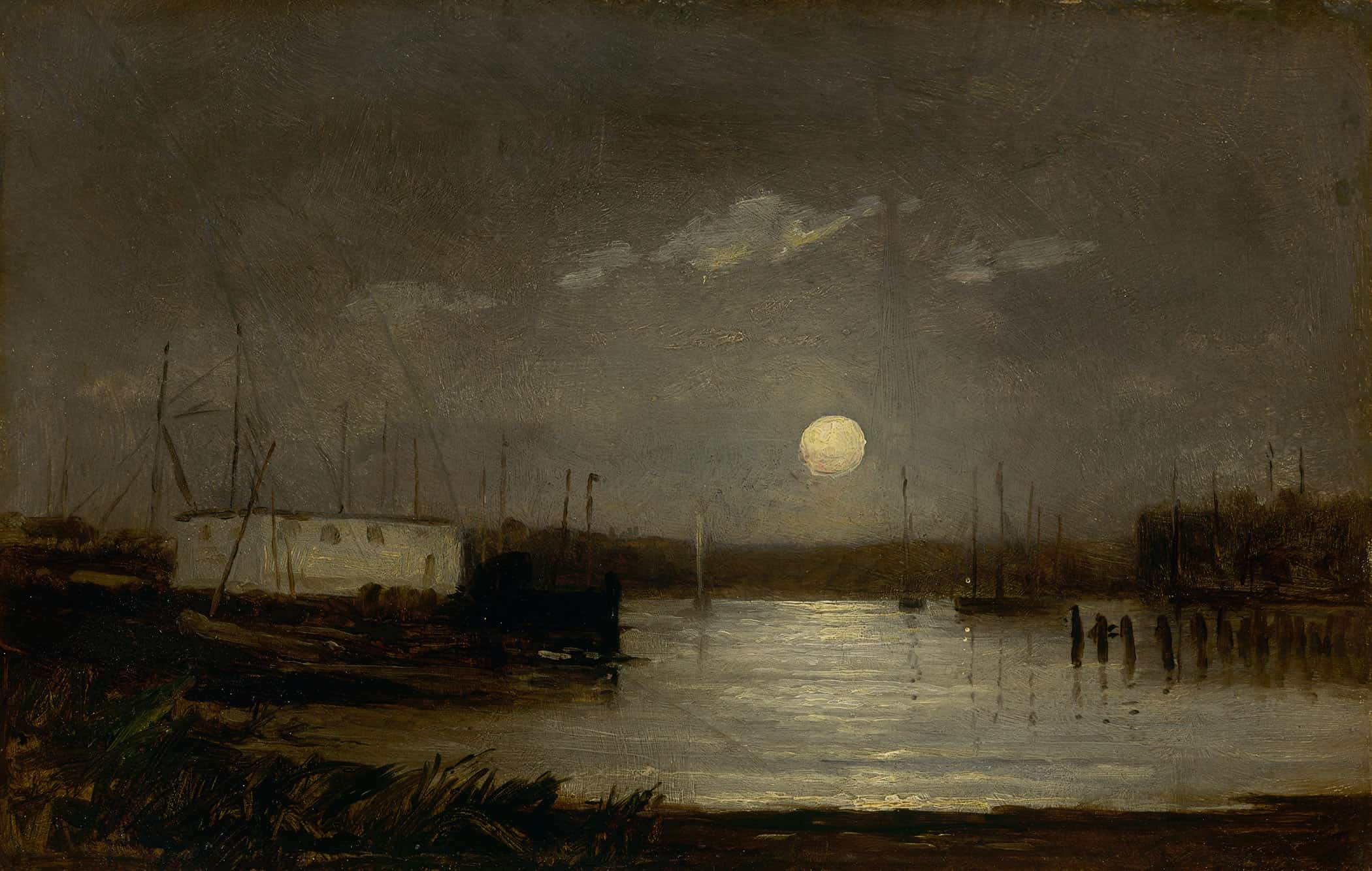 Untitled Moon Over A Harbor Wharf Scene With Full Moon And Masts Of Boats by Edward Mitchell Bannister