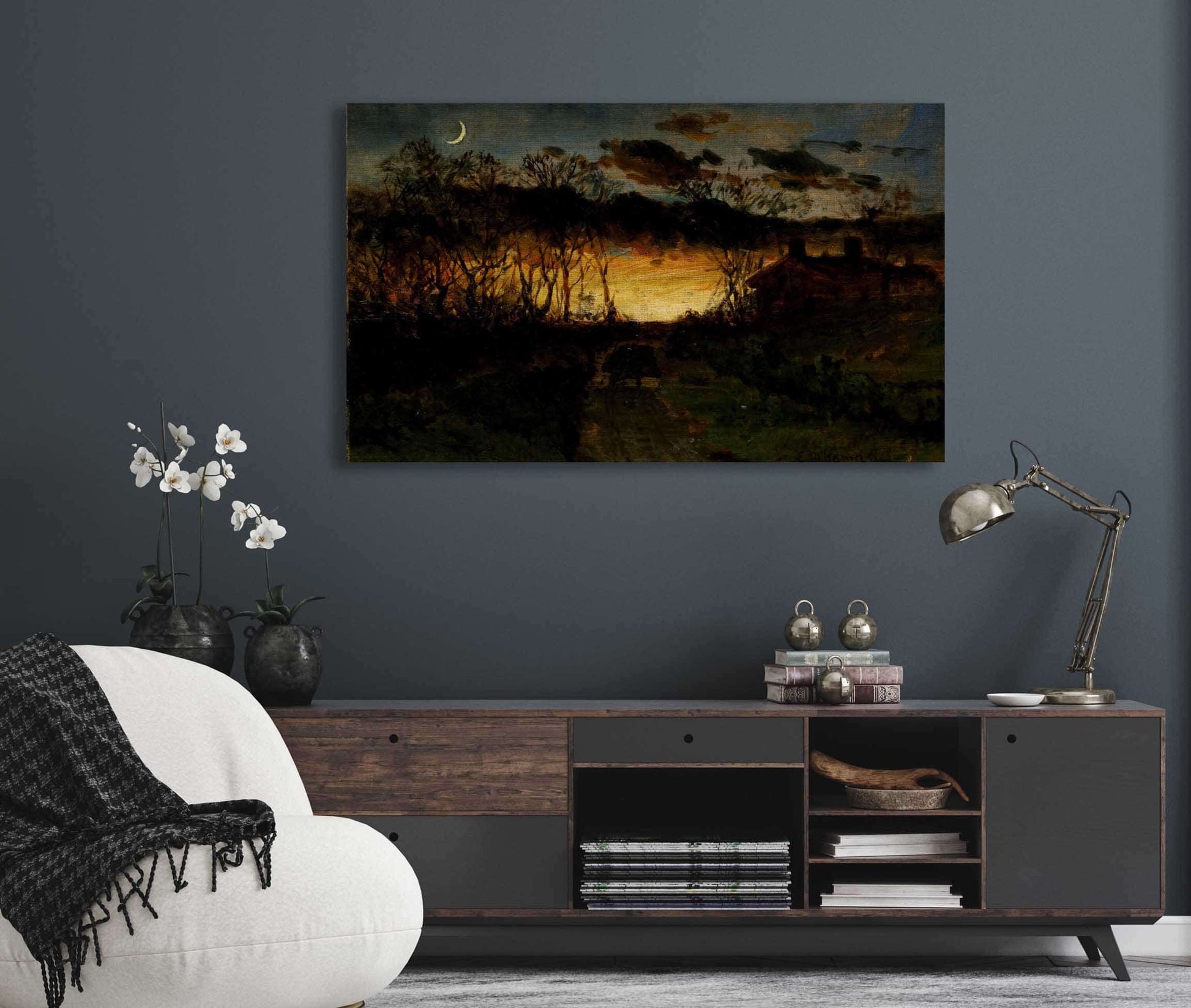 Untitled Sunset With Quarter Moon And Farmhouse by Edward Mitchell Bannister