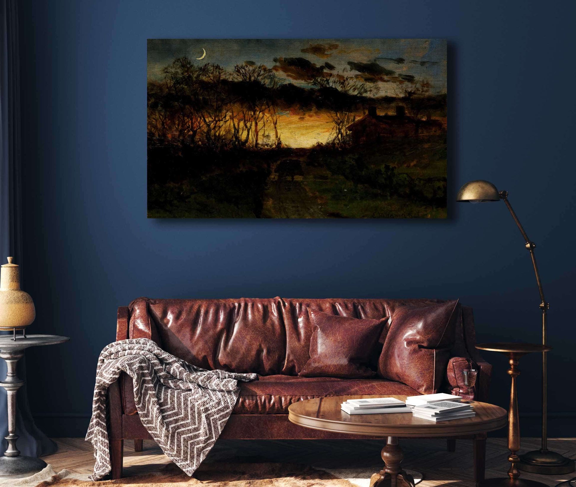 Untitled Sunset With Quarter Moon And Farmhouse by Edward Mitchell Bannister