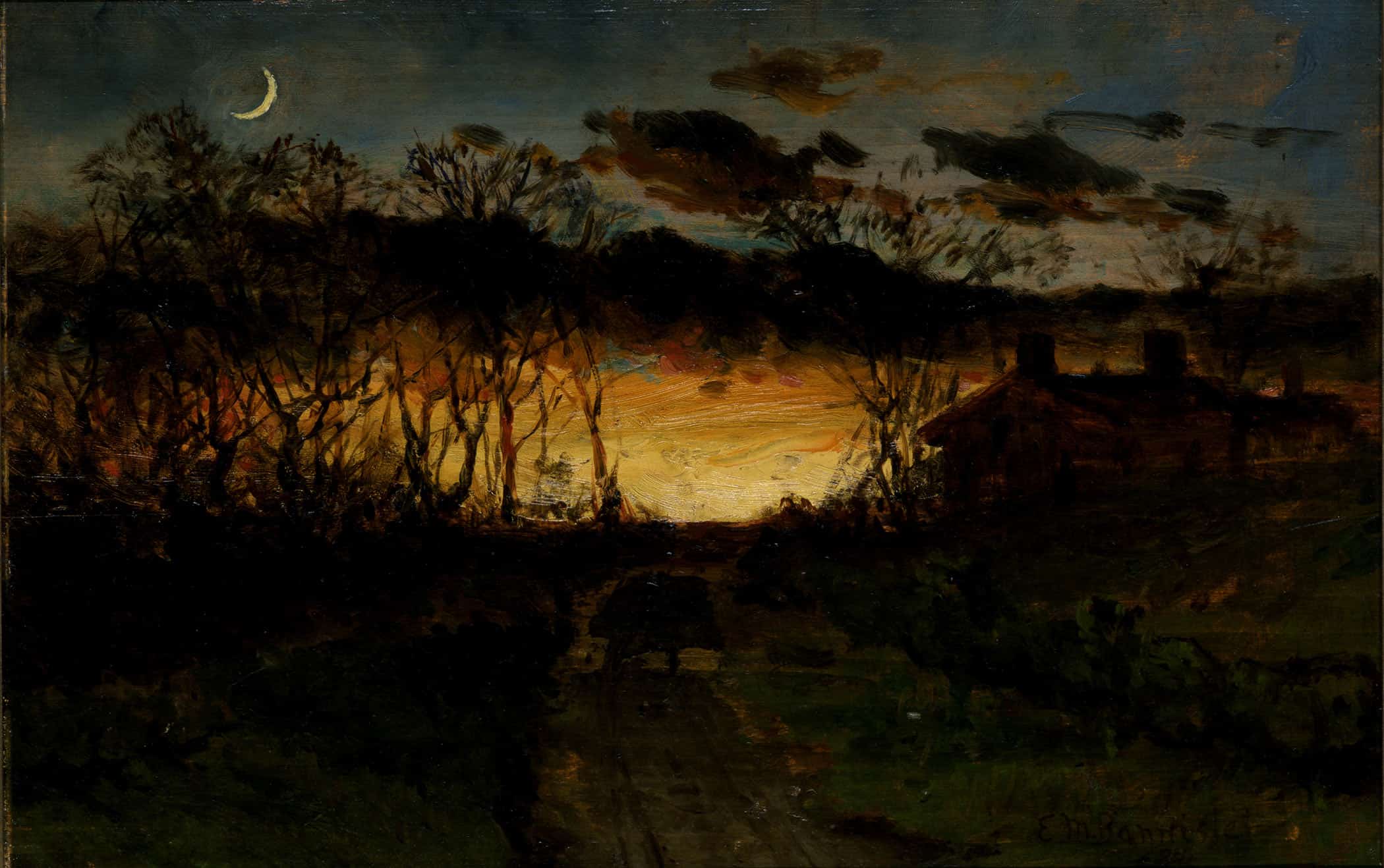 Untitled Sunset With Quarter Moon And Farmhouse by Edward Mitchell Bannister