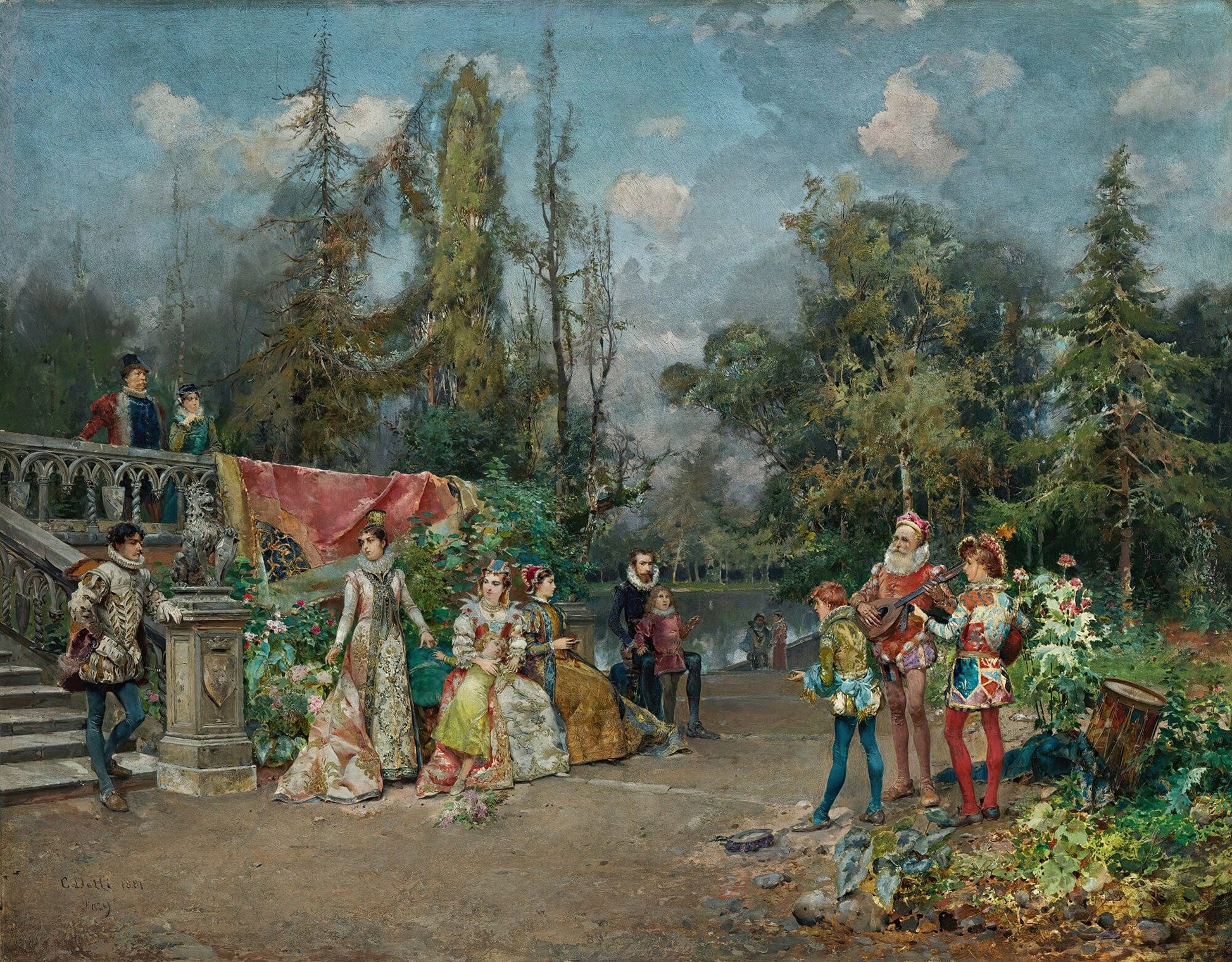 Venetian Court Minstrel Scene by Cesare Auguste Detti