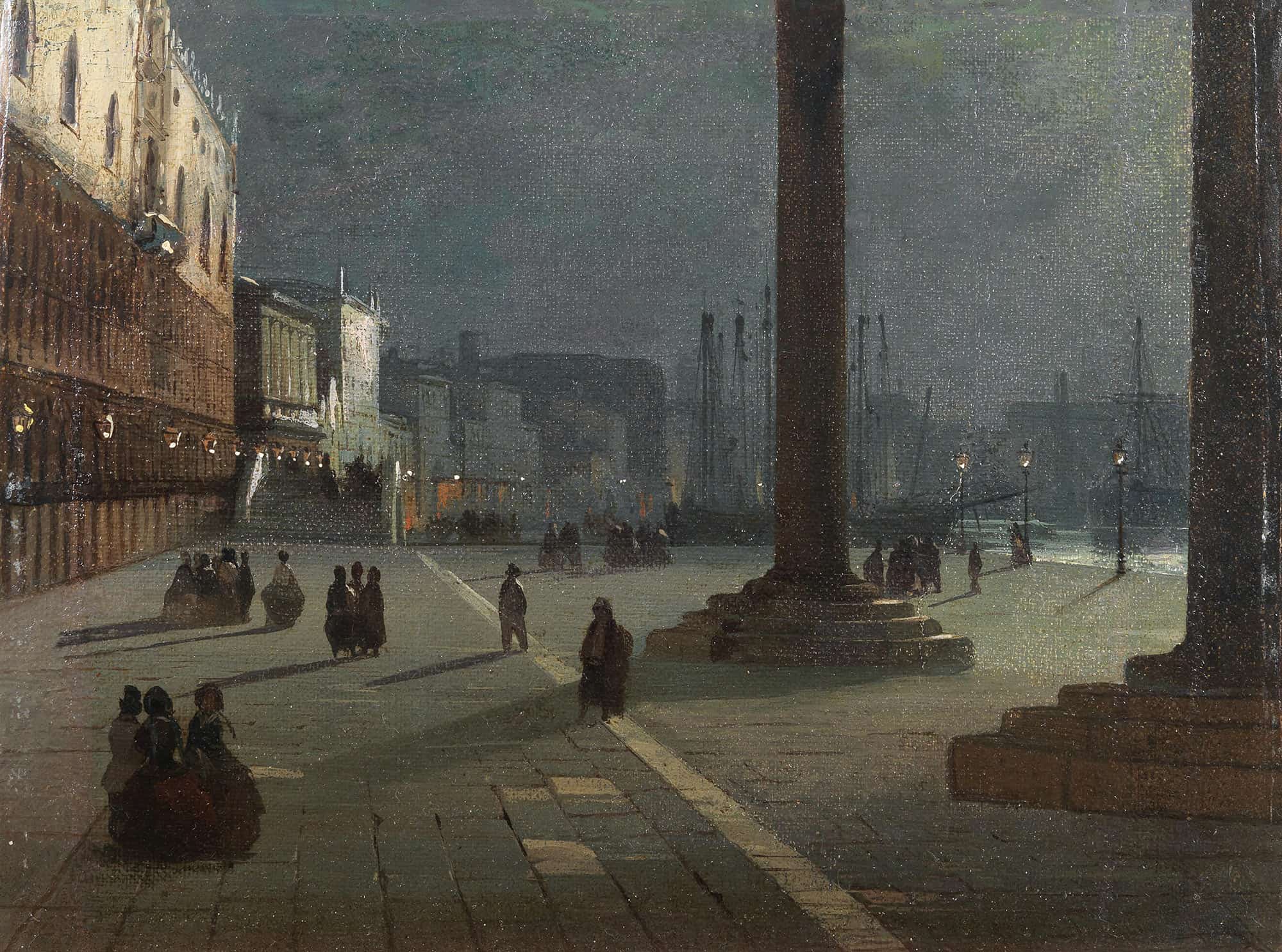 Venice A View Of The Molo Di San Marco With The Riva Degli Schiavoni In The Moonlight by Ippolito Caffi