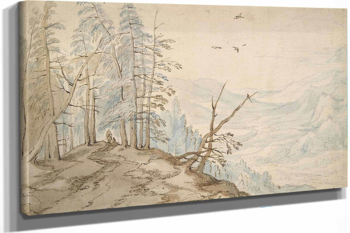View In A Valley From The Edge Of A Mountain Road Th Century by Jan Brueghel The Elder