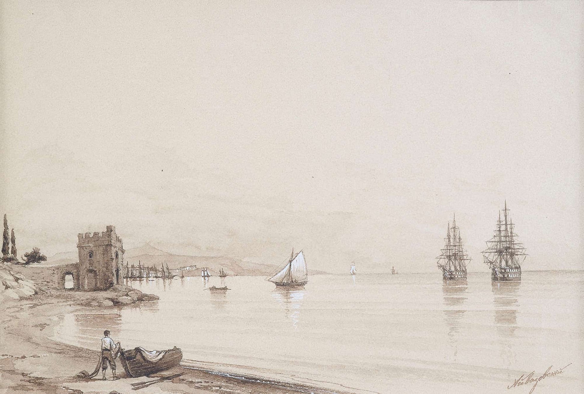 View Of A Bay With Numerous Sailing Ships by Ivan Konstantinovich Aivazovsky