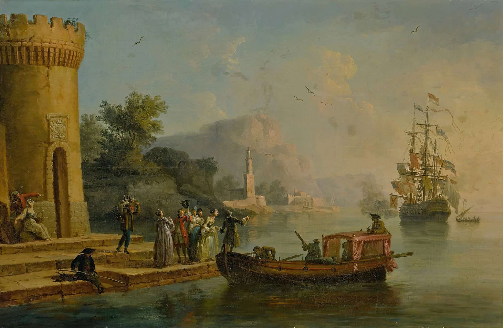 View Of A Mediterranean Port With A Group Of Figures On The Shores Edge A Large Ship Beyond by Claude Joseph Vernet
