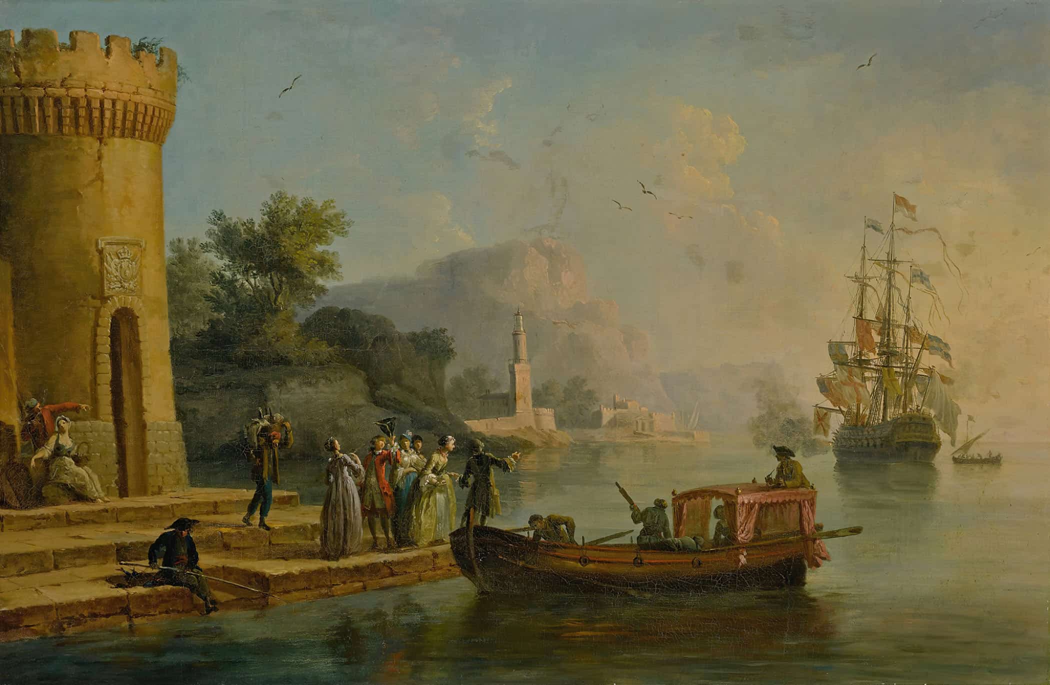 View Of A Mediterranean Port With A Group Of Figures On The Shores Edge A Large Ship Beyond by Claude Joseph Vernet