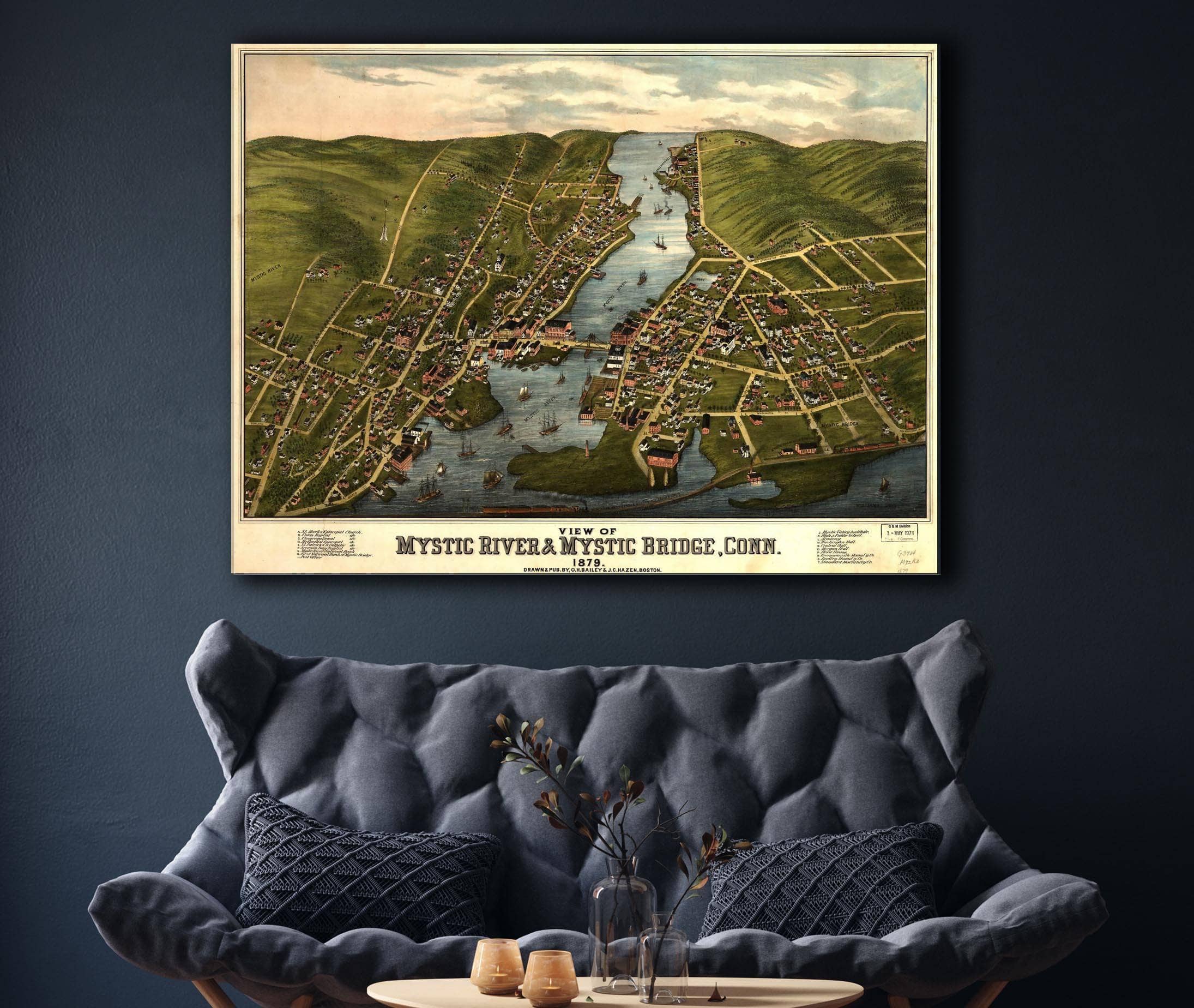 View Of Mystic River & Mystic Bridge Conn 1879 State of Connecticut