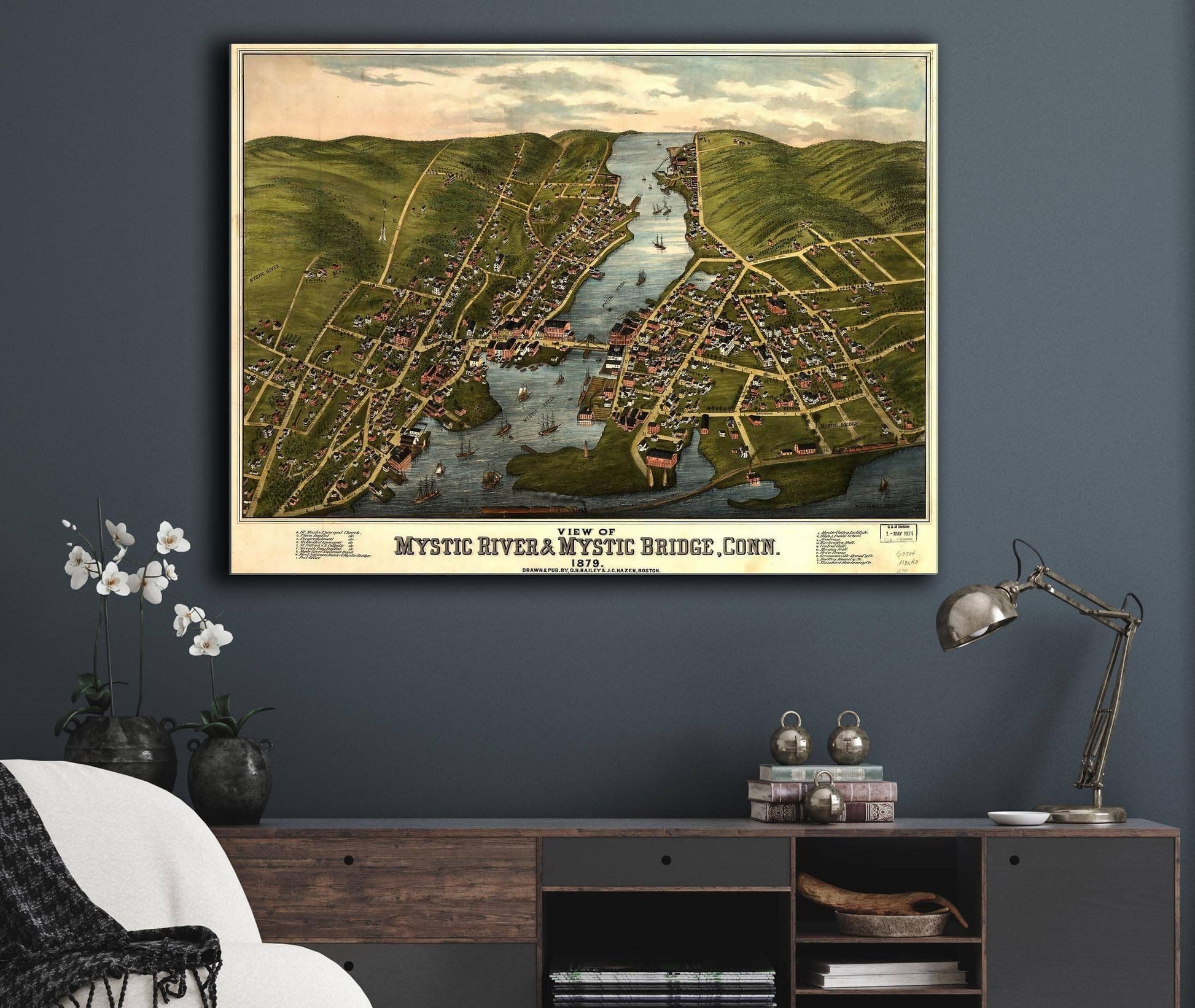 View Of Mystic River & Mystic Bridge Conn 1879 State of Connecticut