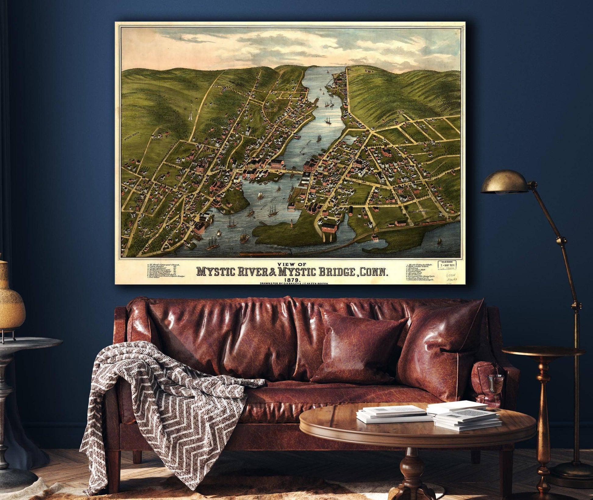 View Of Mystic River & Mystic Bridge Conn 1879 State of Connecticut