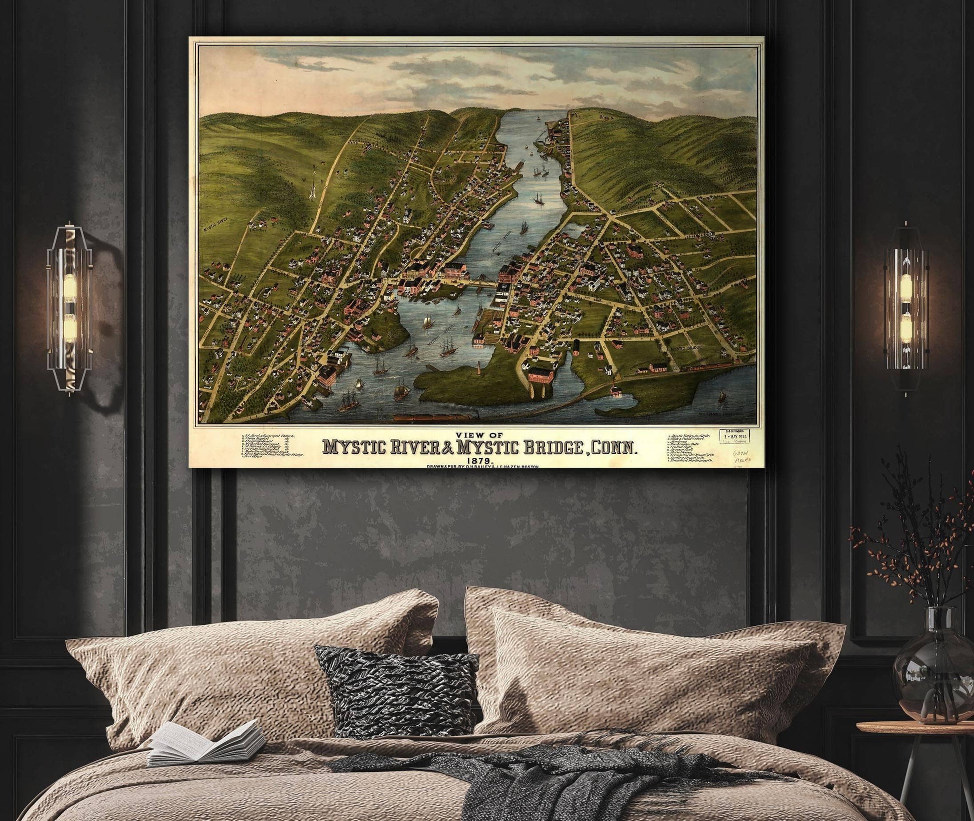 View Of Mystic River & Mystic Bridge Conn 1879 State of Connecticut