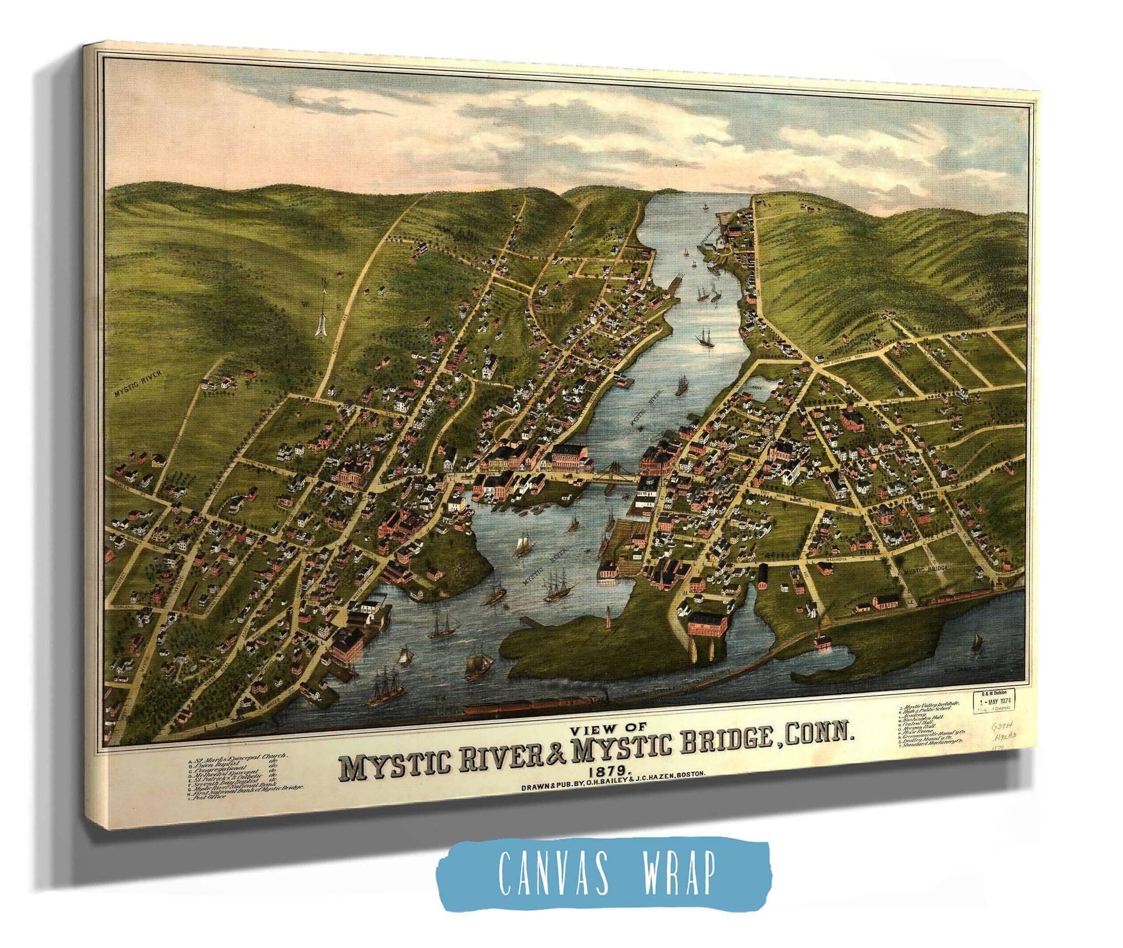 View Of Mystic River & Mystic Bridge Conn 1879 State of Connecticut