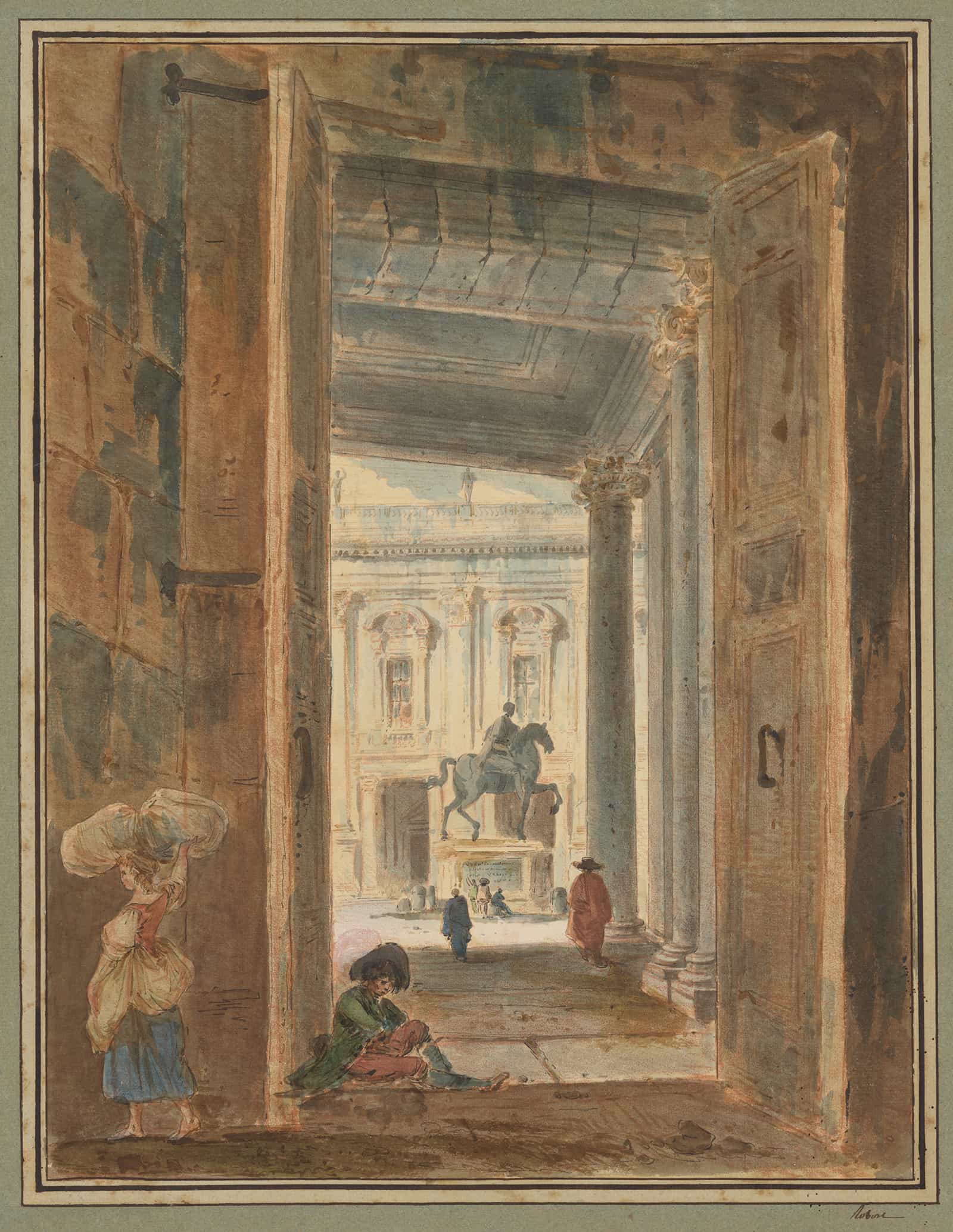 View Of The Campidoglio With The Statue Of Marcus Aurelius by Hubert Robert
