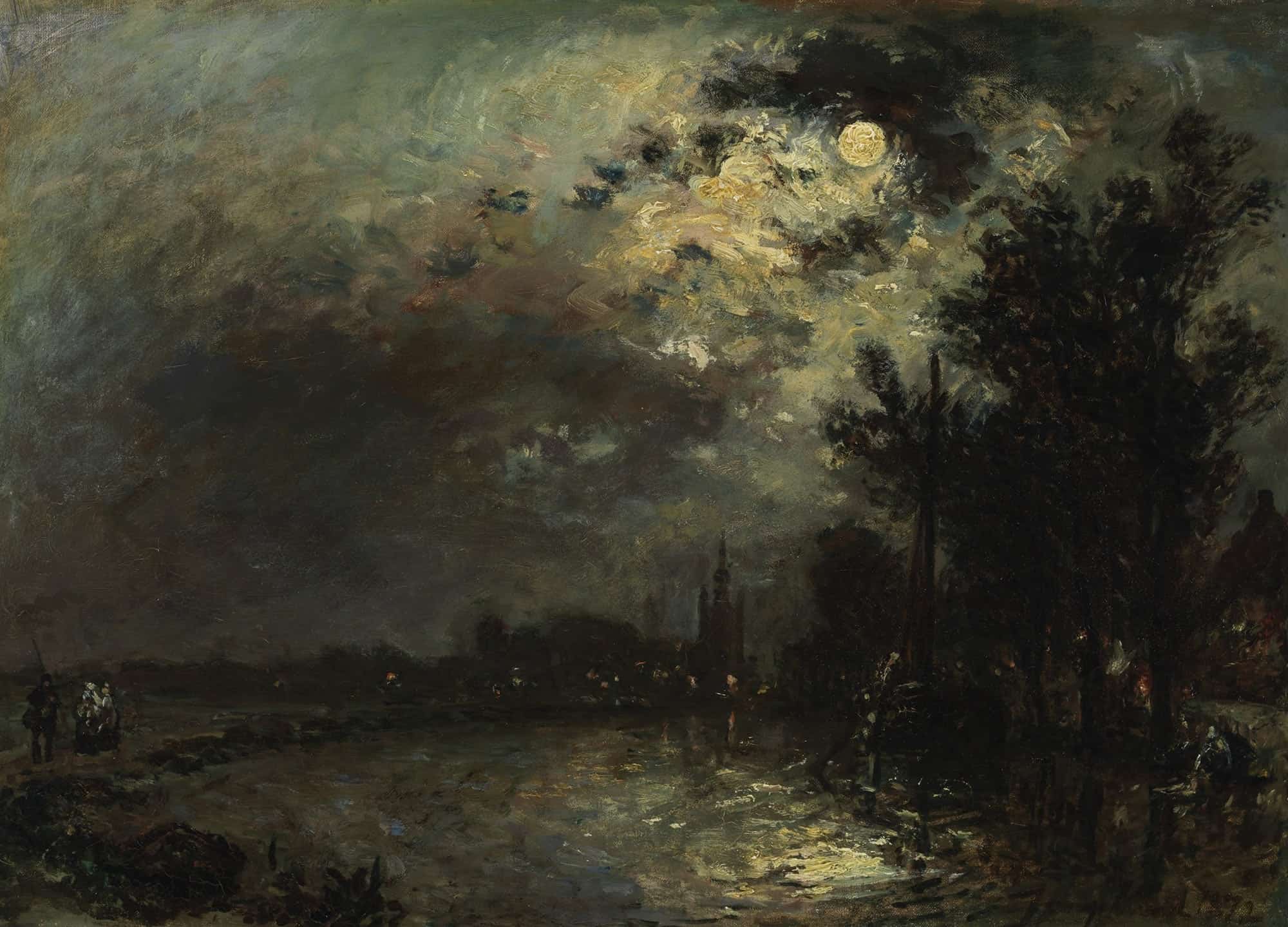 View On Overschie In Moonlight by Johan Barthold Jongkind