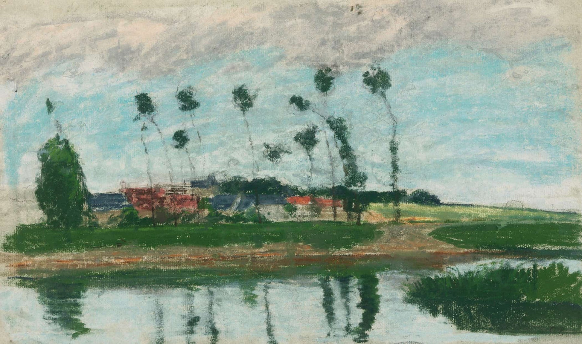 Village Au Bord Dun Etang by Camille Pissarro