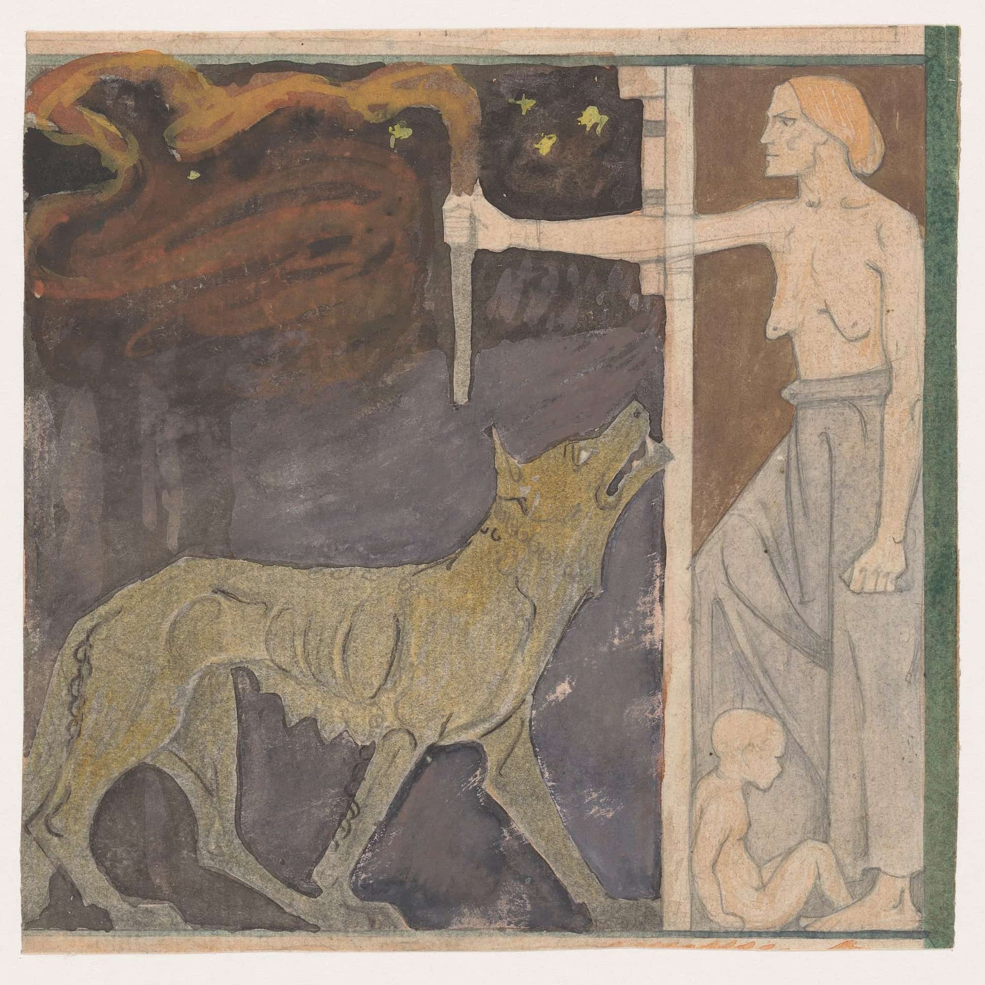 Vrouw Met Een Fakkel Een Kind En Een Wolf by Richard Nicolaus Roland Holst