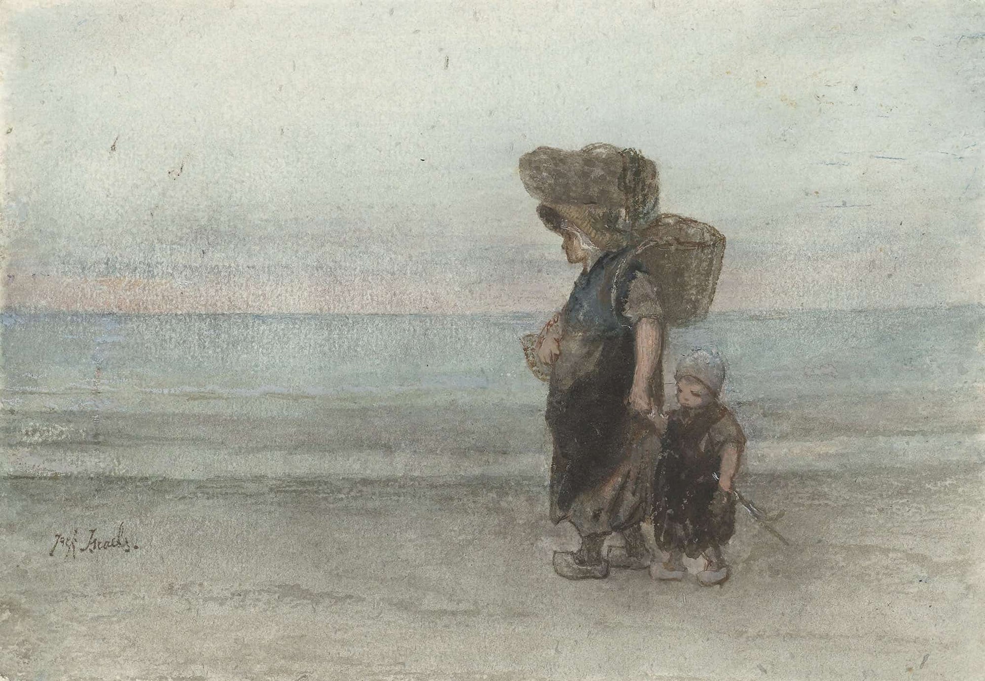 Vrouw Met Kind Lopend Over Het Strand by Jozef Israels