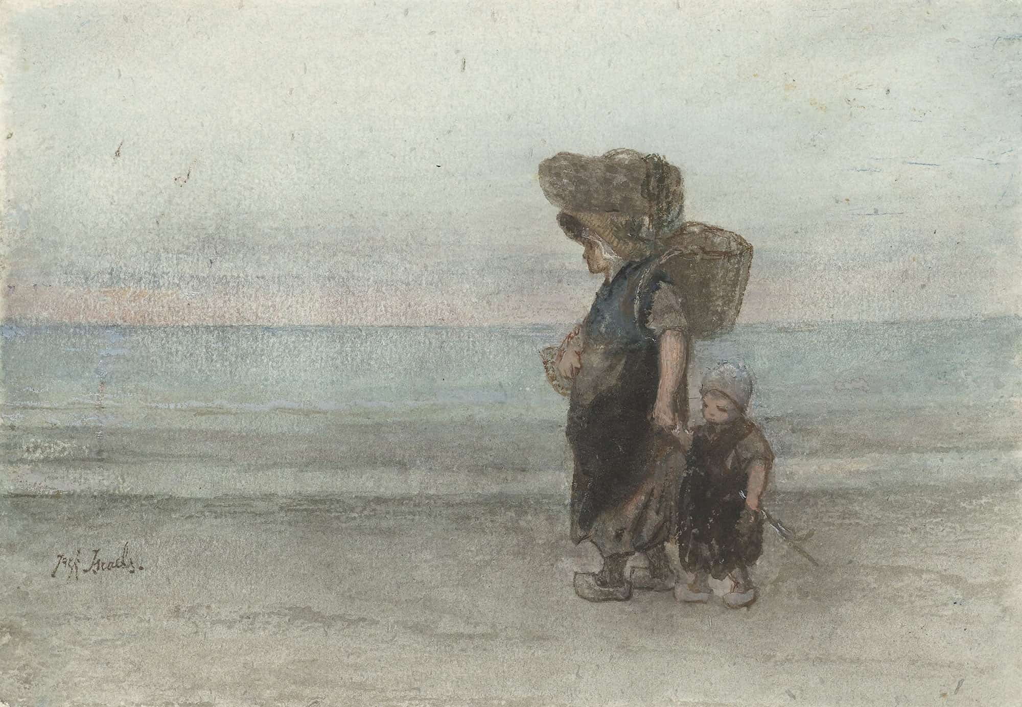 Vrouw Met Kind Lopend Over Het Strand by Jozef Israels