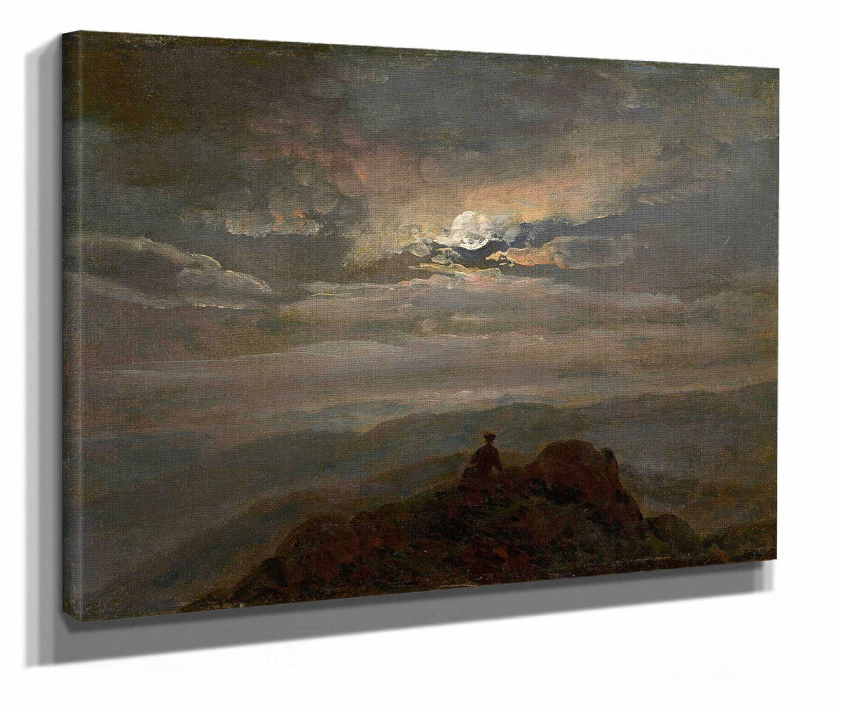 Wanderer On A Mountain Top Landscape In Moonlight by Johan Christian Dahl