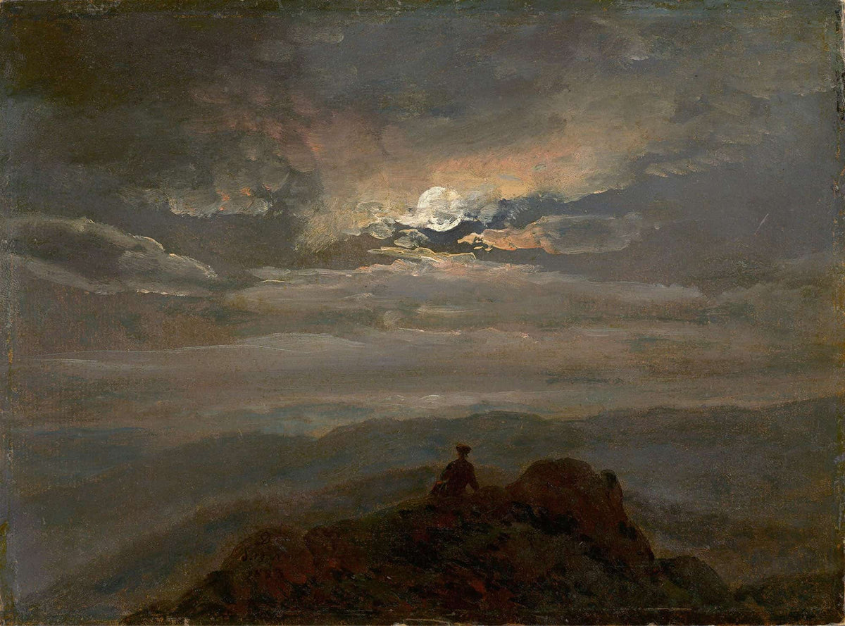 Wanderer On A Mountain Top Landscape In Moonlight by Johan Christian Dahl