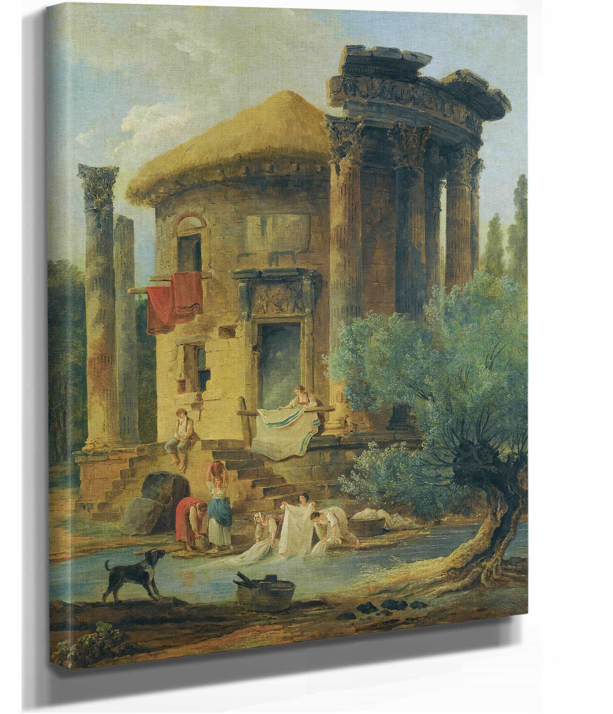 Washerwomen At The Edge Of A River Beneath A Ruined Circular Temple by Hubert Robert
