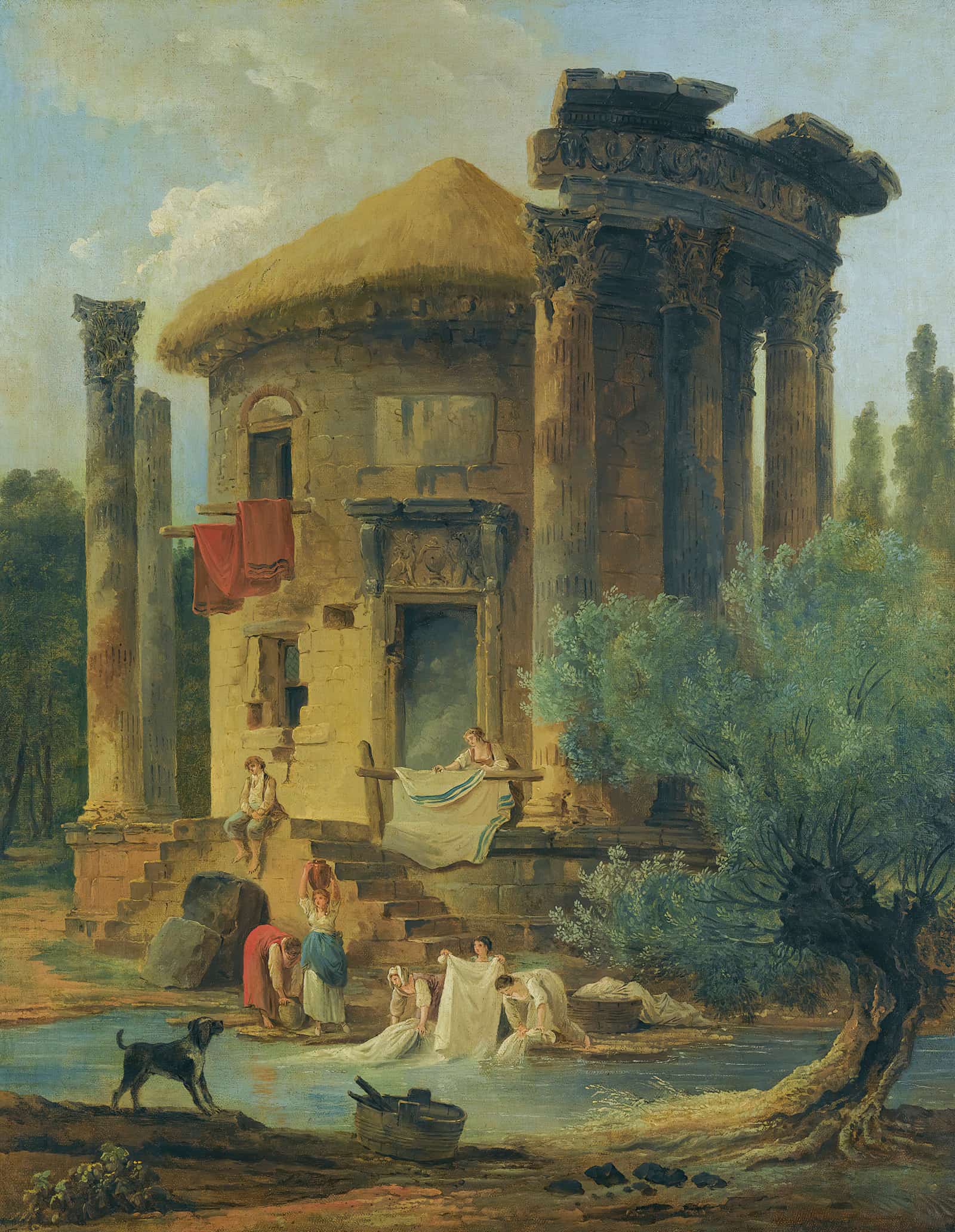 Washerwomen At The Edge Of A River Beneath A Ruined Circular Temple by Hubert Robert