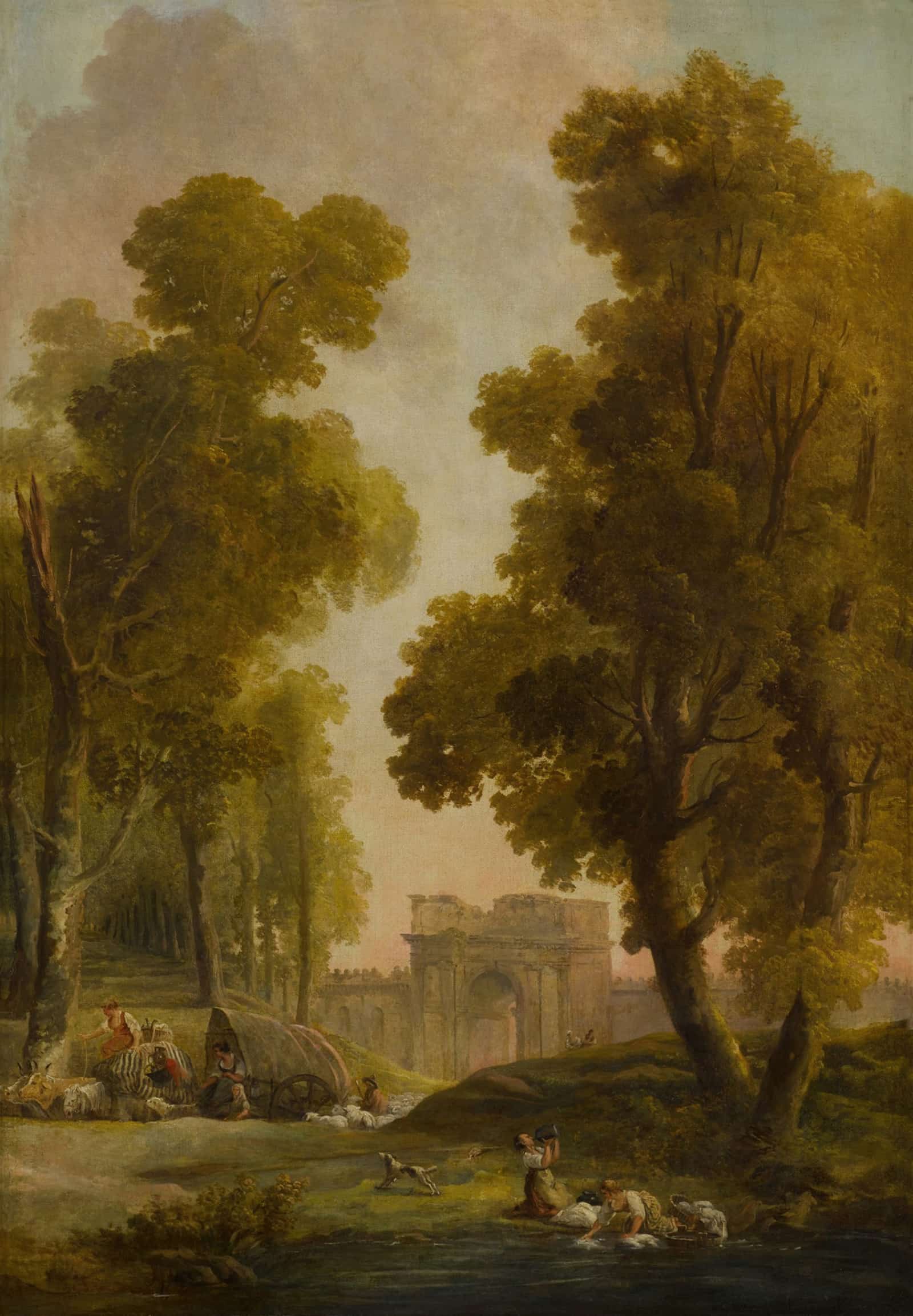 Washerwomen In A Landscape With A Group Of Shepherds Before An Allee Of Trees by Hubert Robert