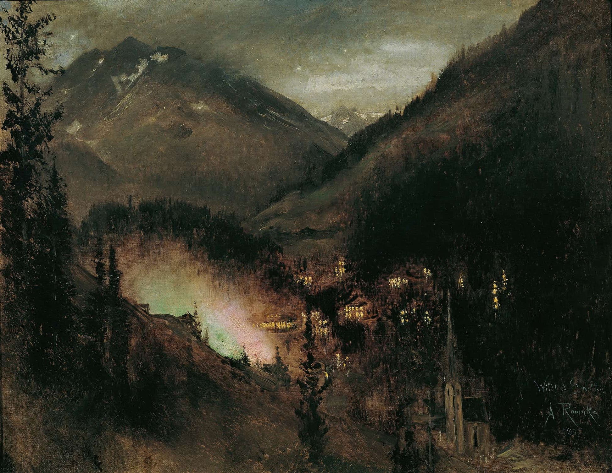Wildbad Gastein Am Abend Bei Bengalischer Beleuchtung by Anton Romako