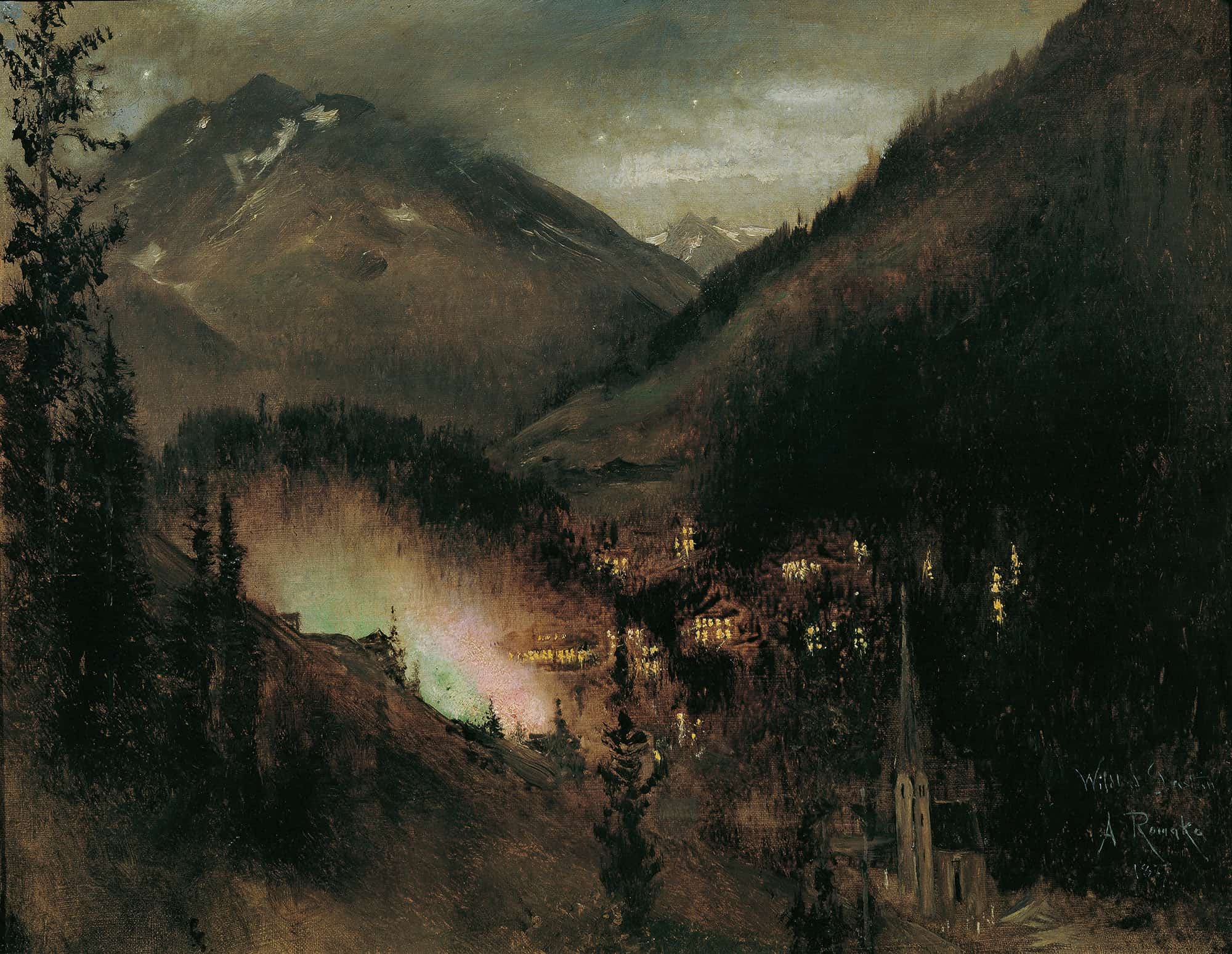 Wildbad Gastein Am Abend Bei Bengalischer Beleuchtung by Anton Romako