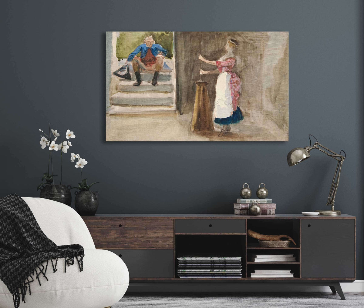 Woman Churning Butter Man In Revolutionary Dress Watching by Edwin Austin Abbey