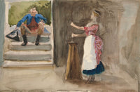 Woman Churning Butter Man In Revolutionary Dress Watching by Edwin Austin Abbey