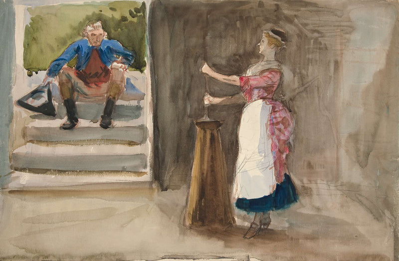 Woman Churning Butter Man In Revolutionary Dress Watching by Edwin Austin Abbey
