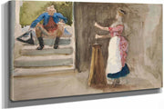 Woman Churning Butter Man In Revolutionary Dress Watching by Edwin Austin Abbey