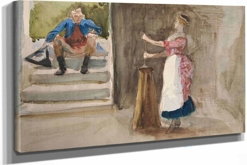 Woman Churning Butter Man In Revolutionary Dress Watching by Edwin Austin Abbey