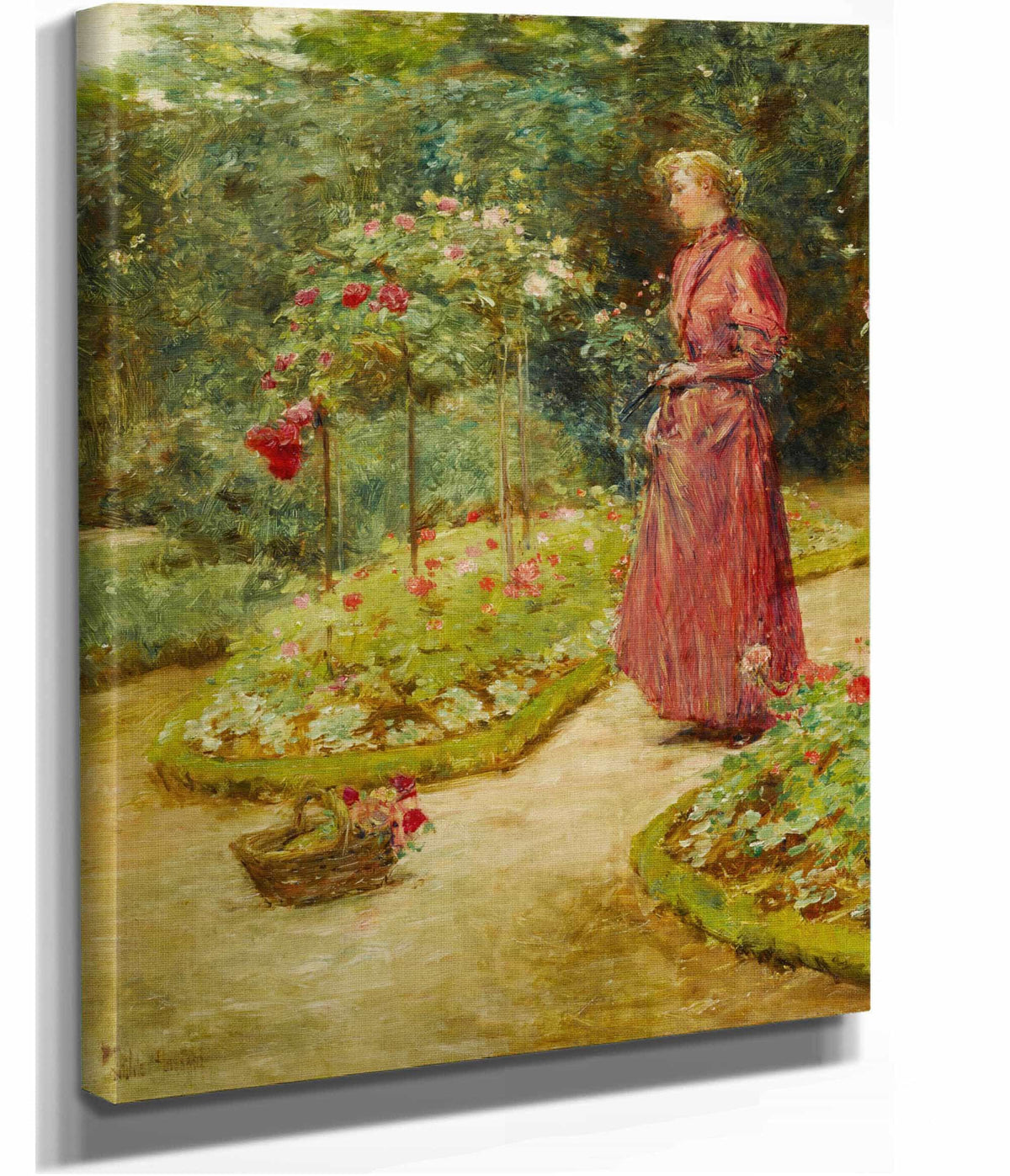 Woman Cutting Roses In A Garden by Childe Hassam