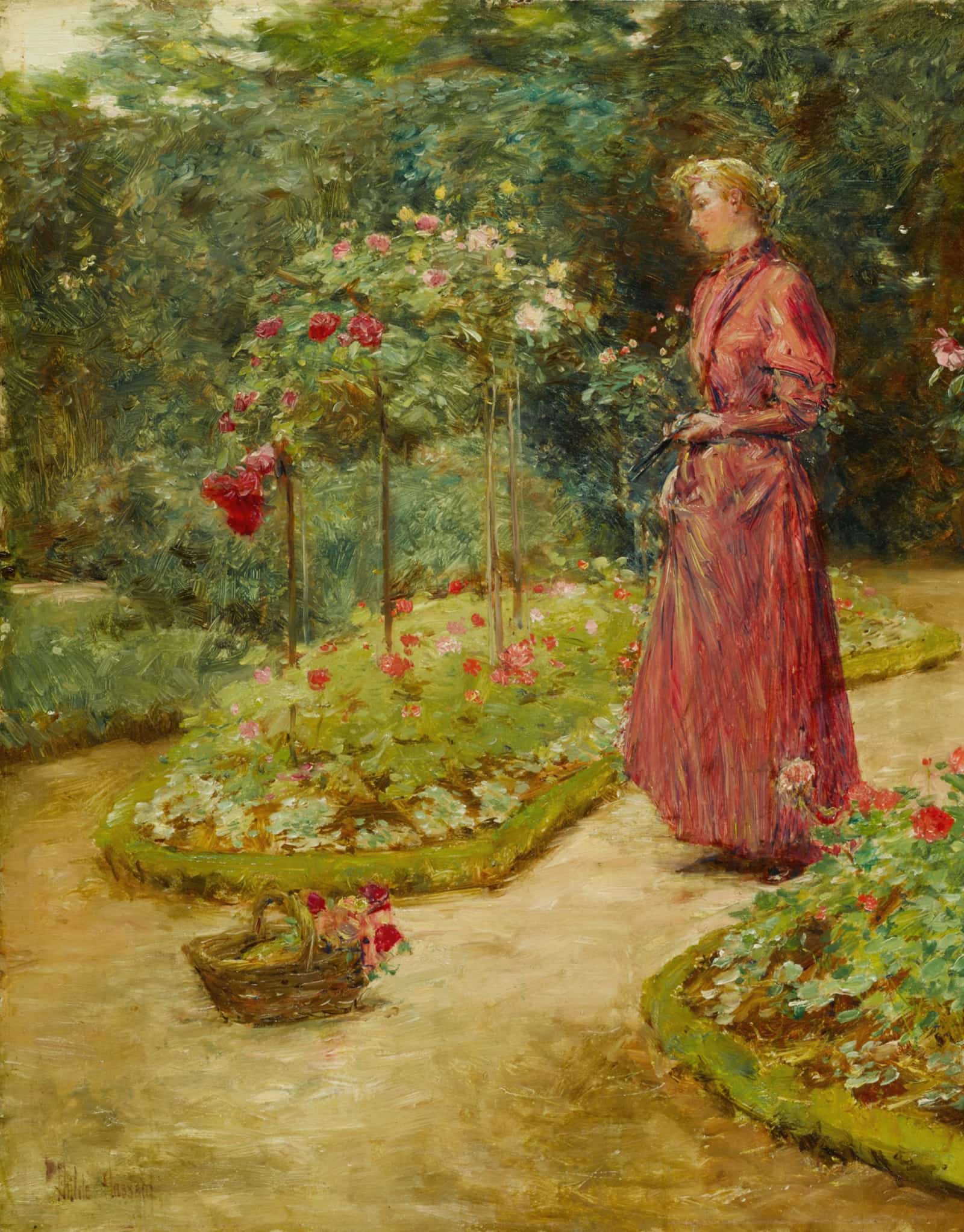Woman Cutting Roses In A Garden by Childe Hassam