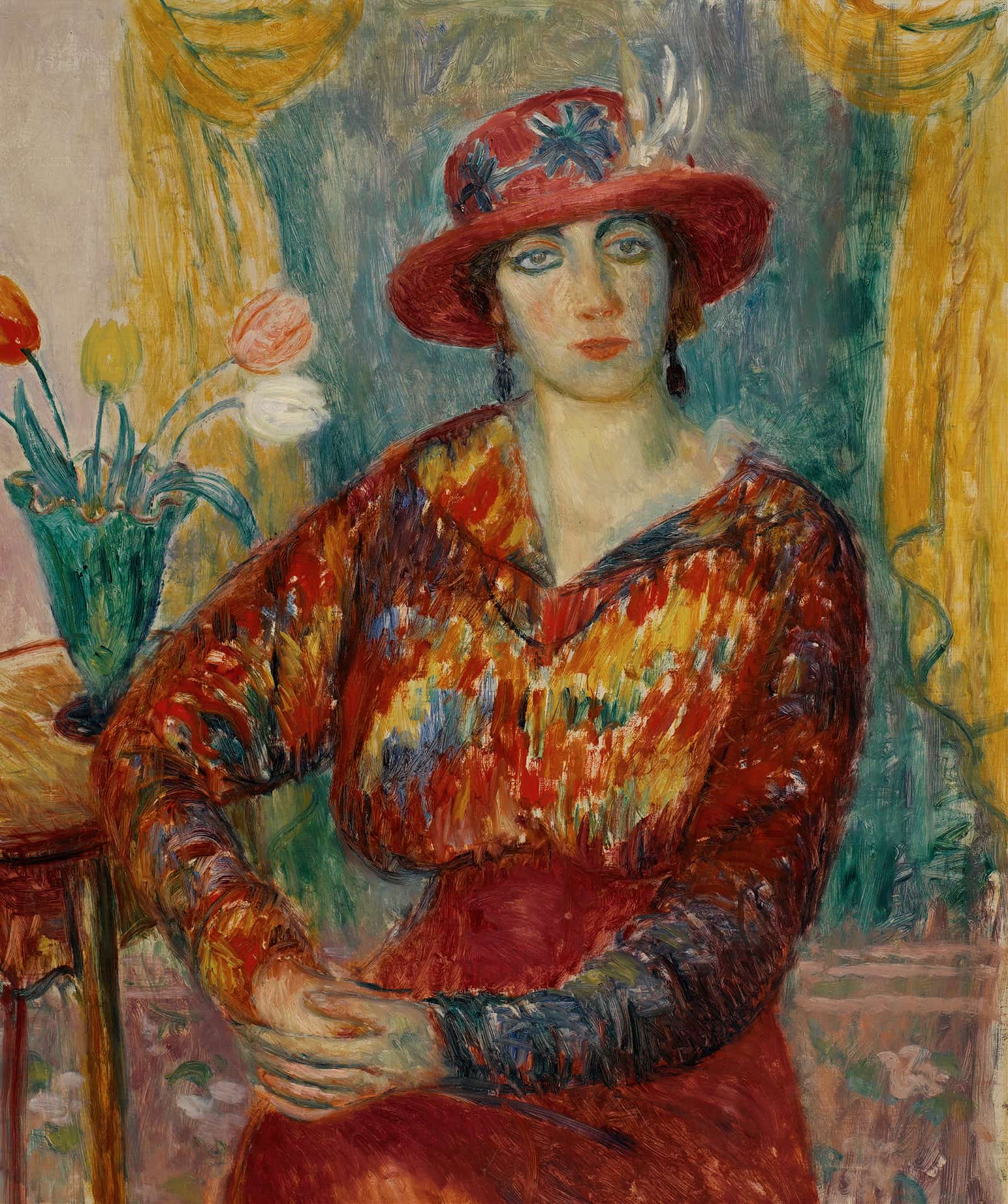 Woman In Red Blouse With Tulips   by William James Glackens