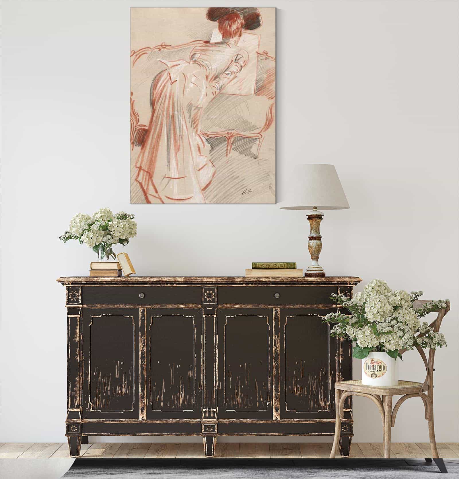 Woman Possibly Madame Alice Hellu Looking At A Drawing by Paul Cesar Helleu