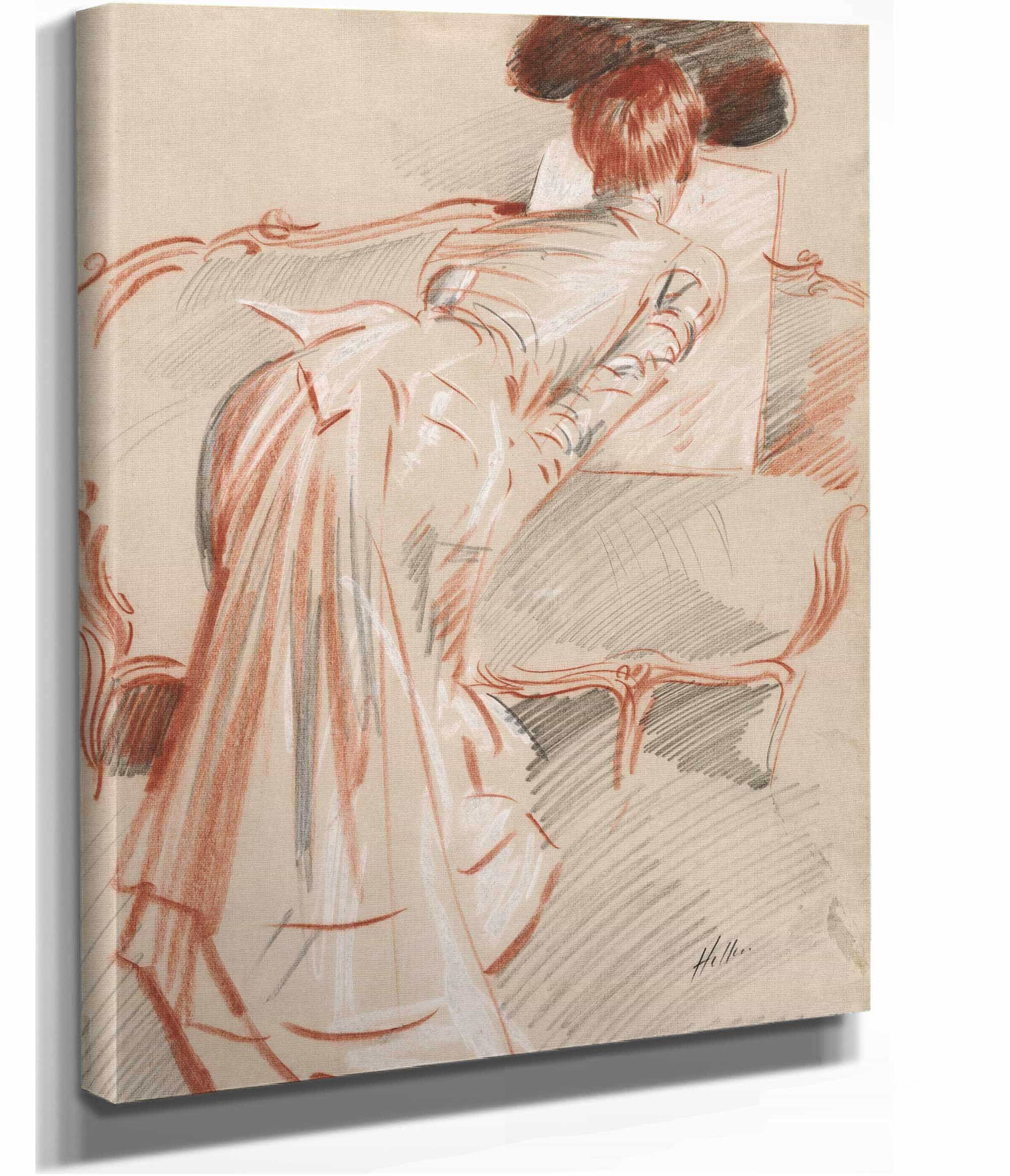 Woman Possibly Madame Alice Hellu Looking At A Drawing by Paul Cesar Helleu