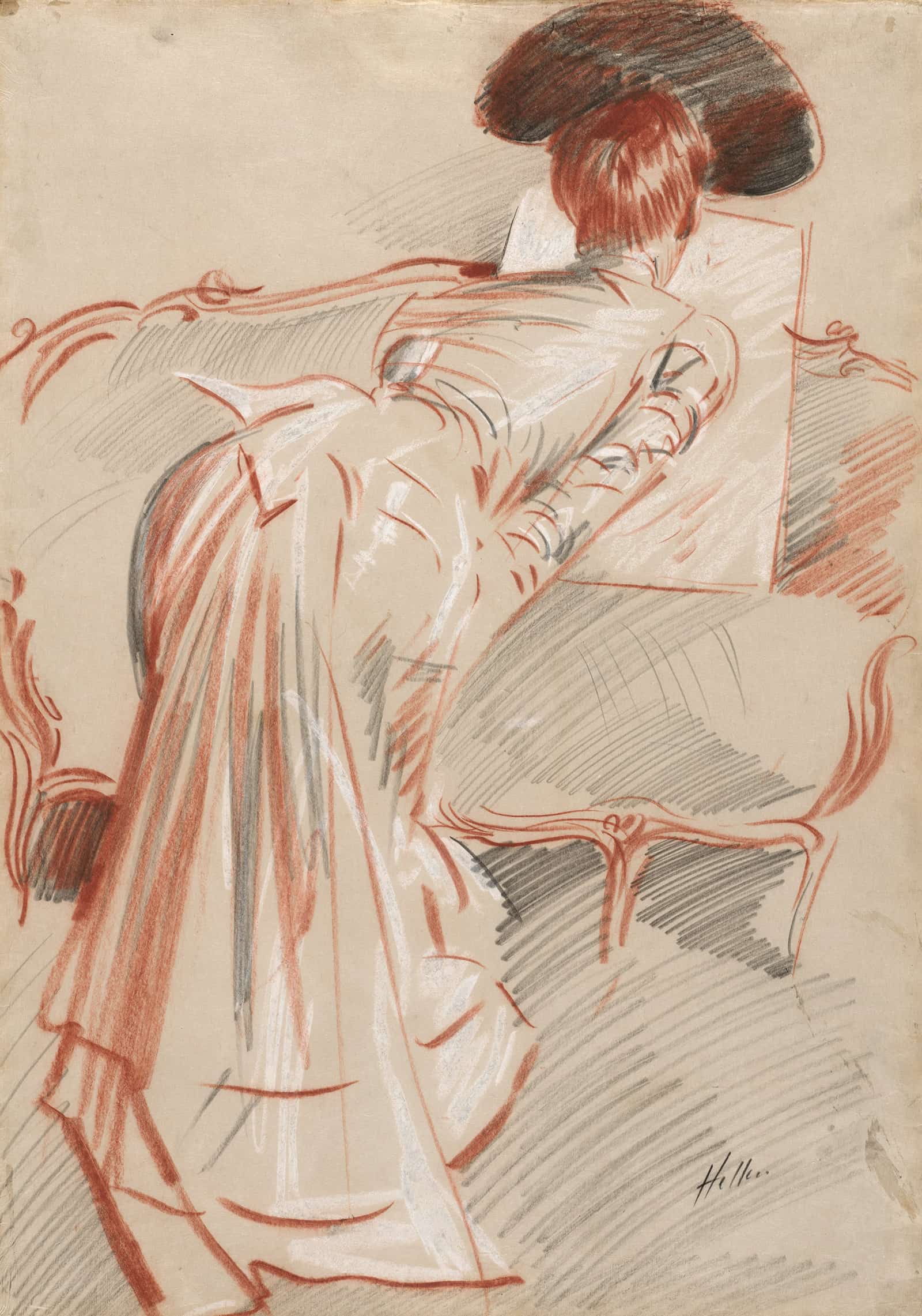 Woman Possibly Madame Alice Hellu Looking At A Drawing by Paul Cesar Helleu