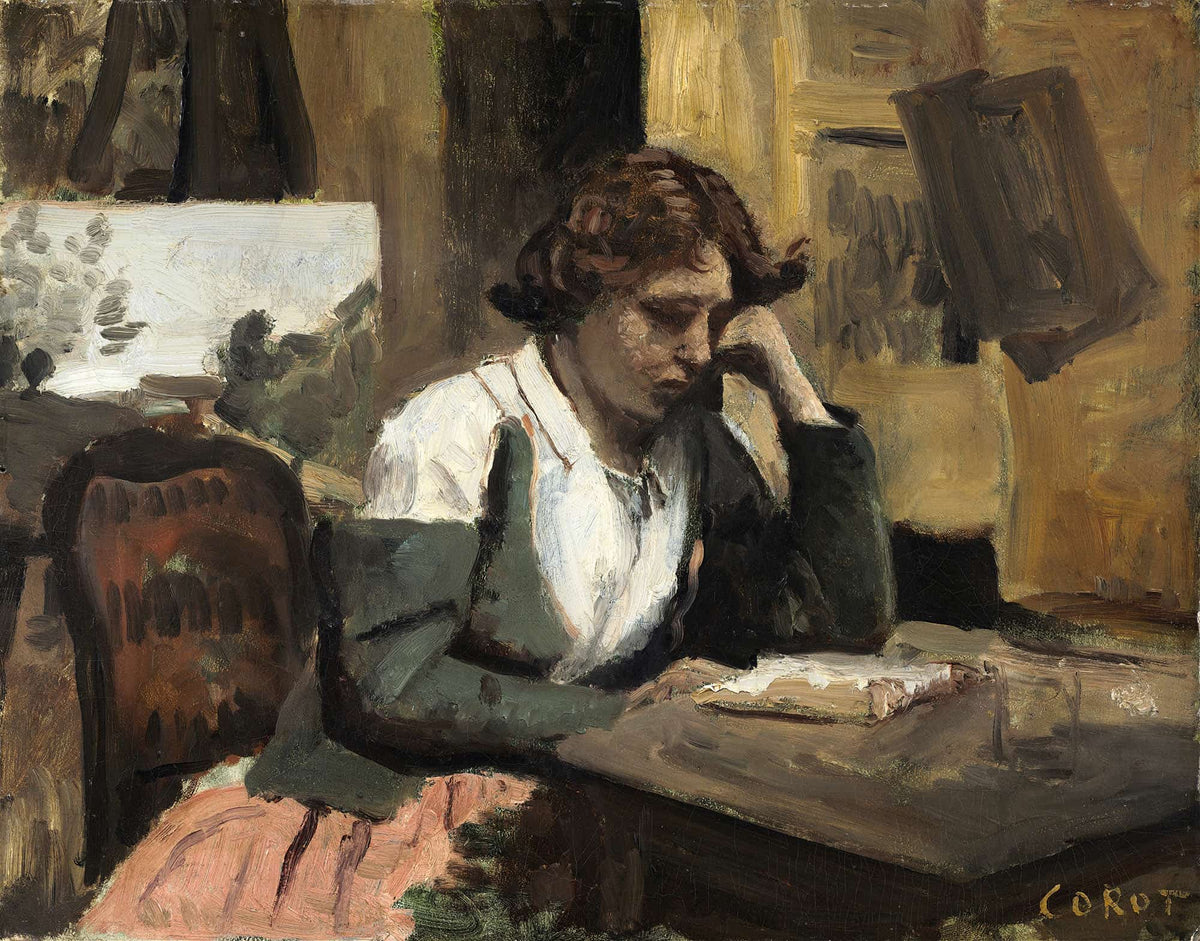 Woman Reading In The Studio by Jean Baptiste Camille Corot