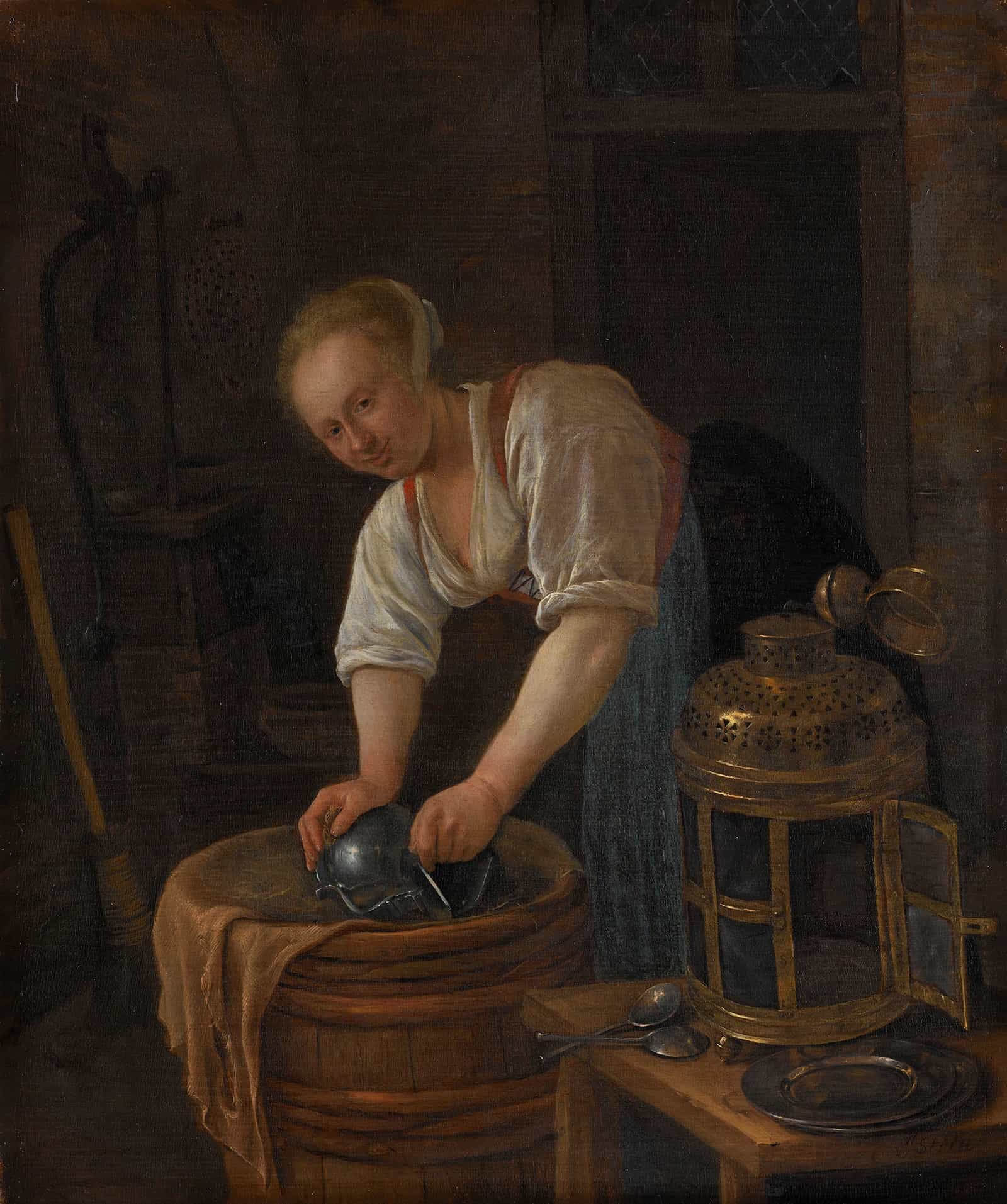 Woman Scouring Metalware  by Jan Steen