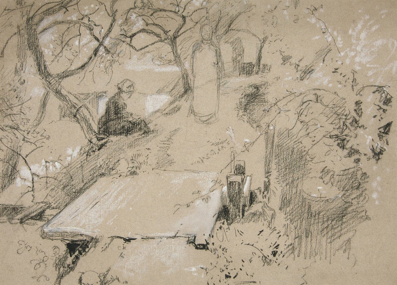 Woman Seated On Bench In A Garden Or Public Park by Edwin Austin Abbey