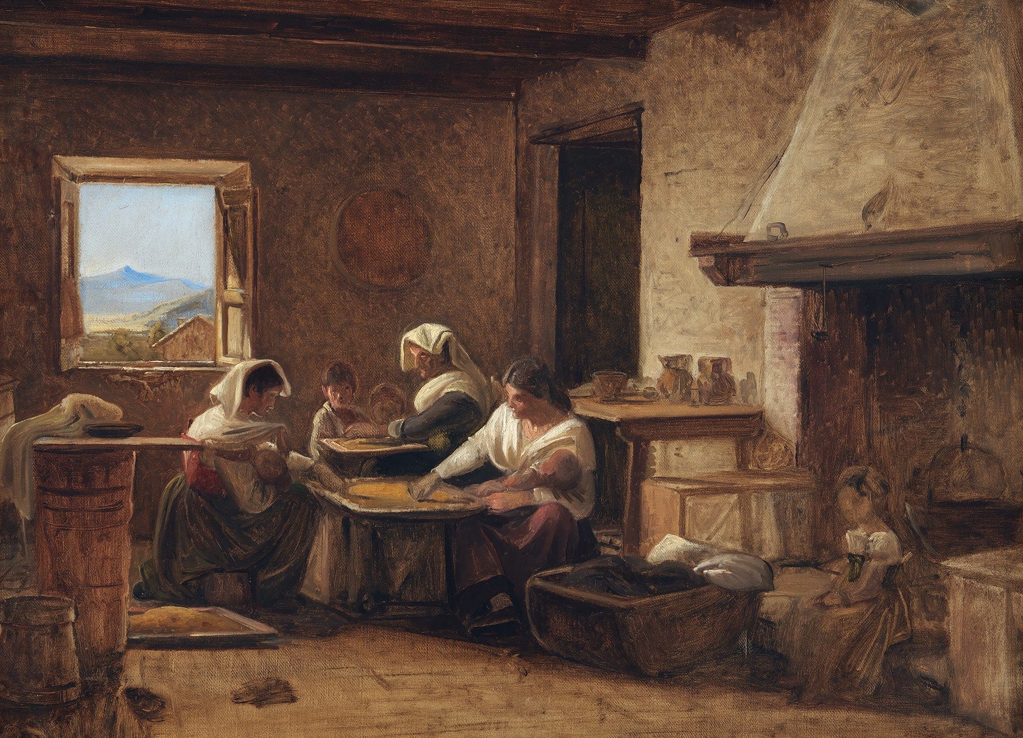 Women Working In The Kitchen Of A Farmhouse Near Olevano Italy by Wilhelm Marstrand