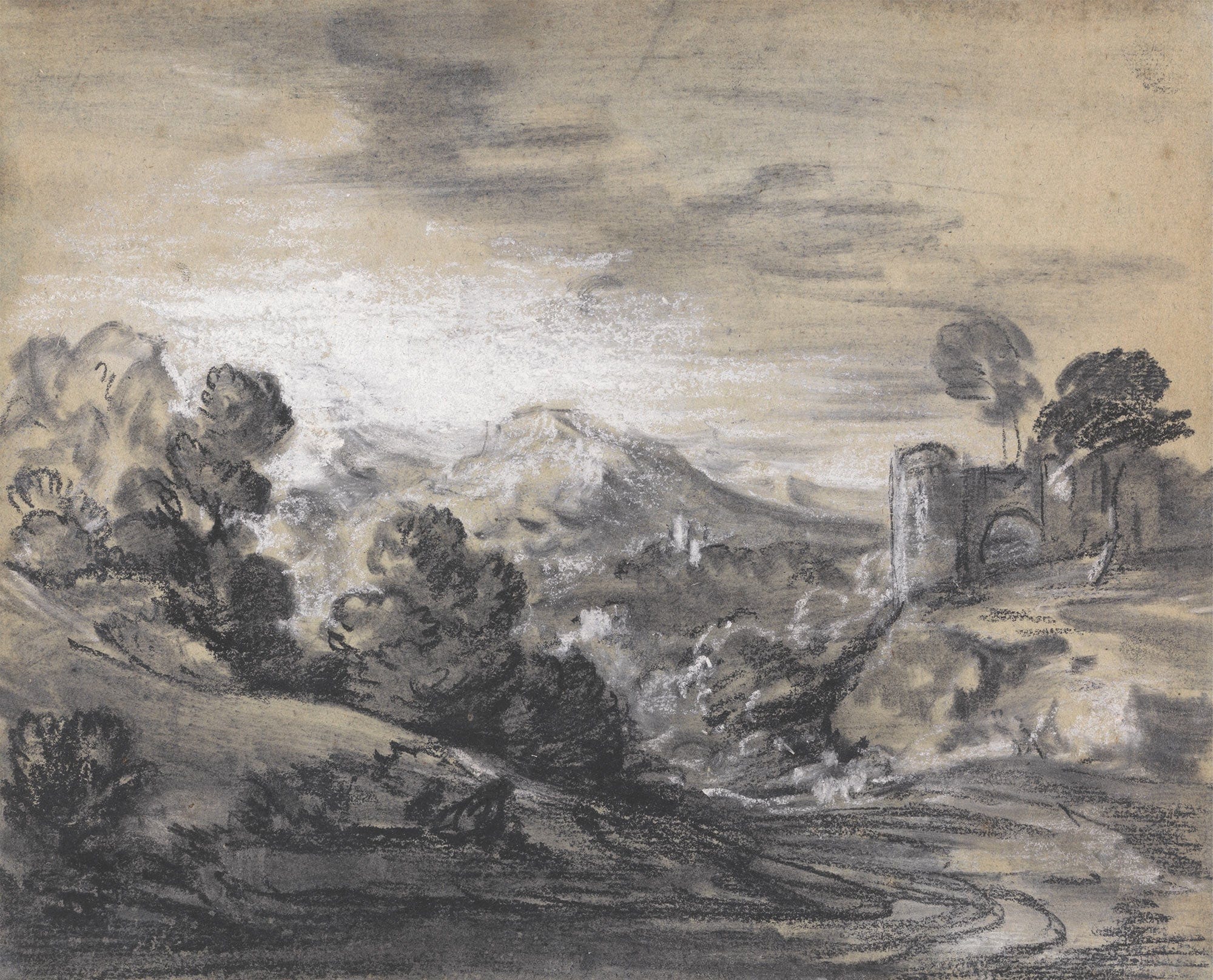 Wooded Landscape With Castle Between And by Thomas Gainsborough