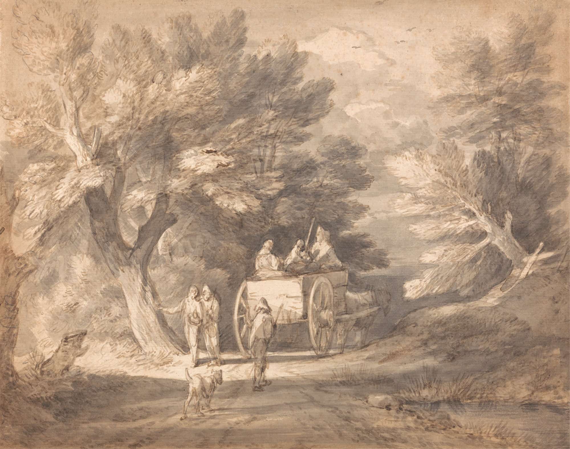 Wooded Landscape With Country Cart And Figures Walking Down A Lane by Thomas Gainsborough