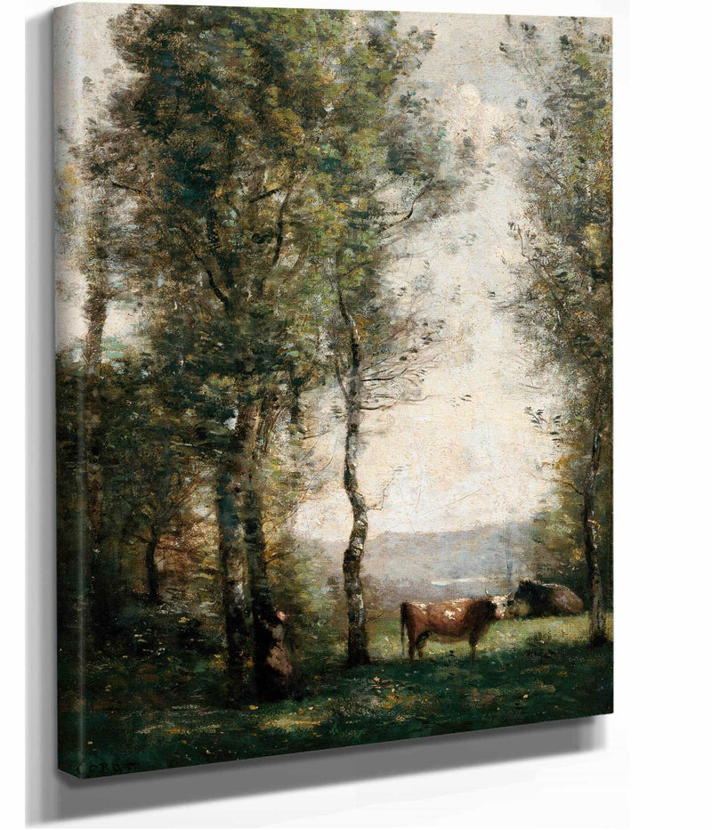 Wooded Landscape With Cows In A Clearing by Jean Baptiste Camille Corot