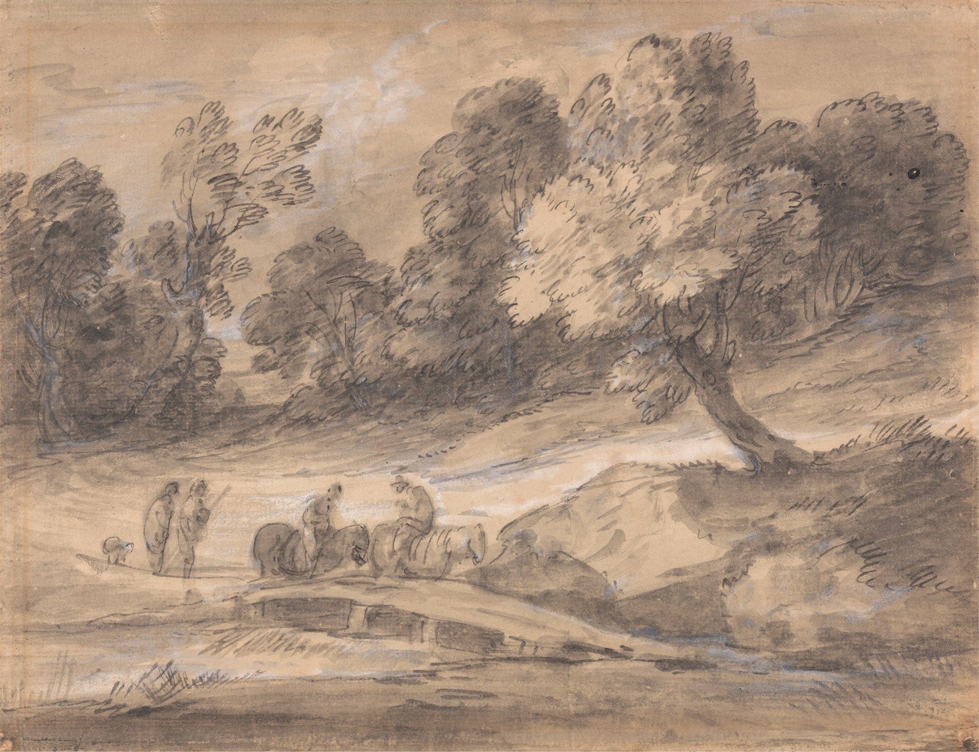 Wooded Landscape With Figures On Horseback Crossing A Bridge Between And by Thomas Gainsborough